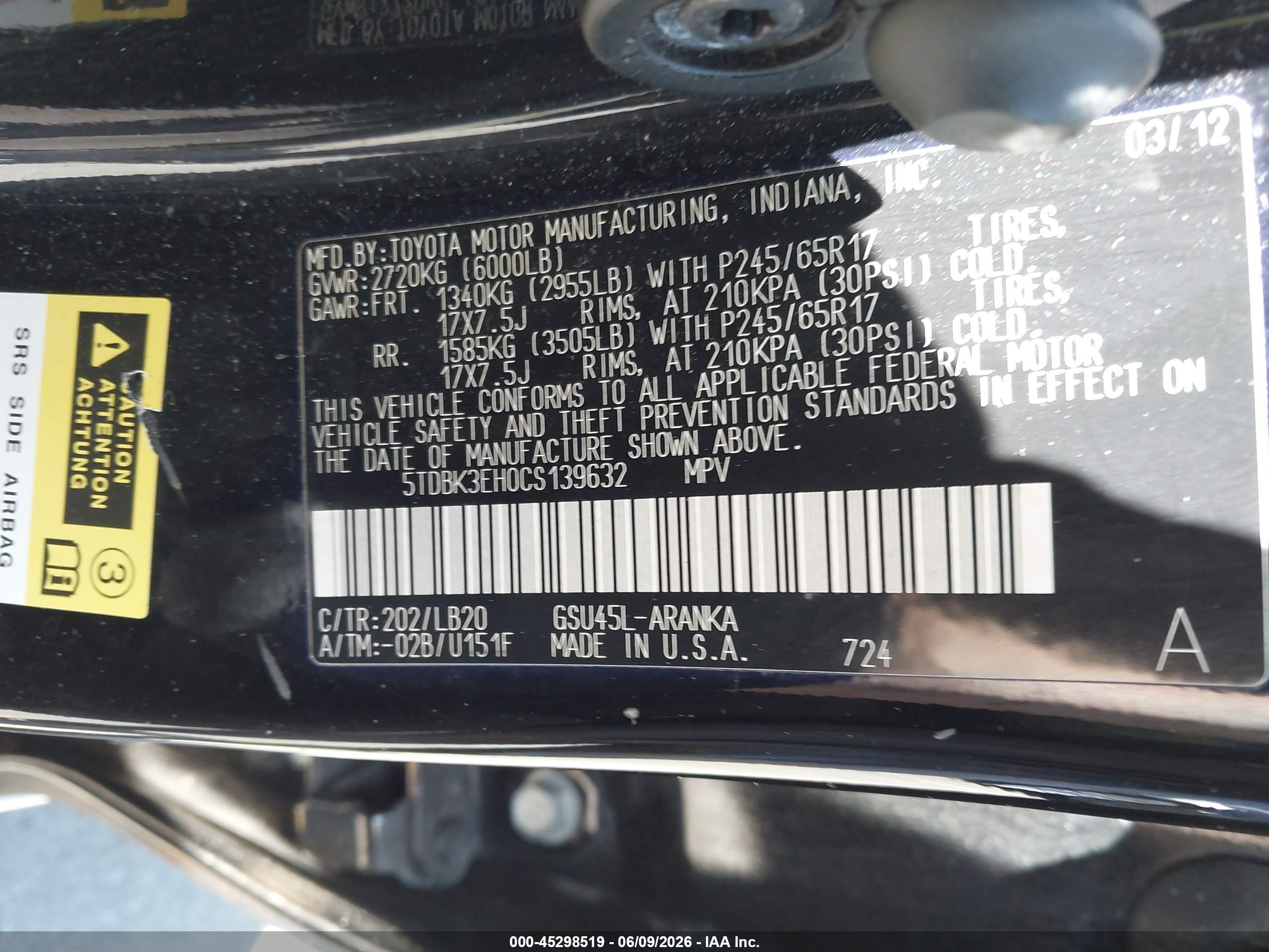 2012 Toyota Highlander Se V6 Black vin: 5TDBK3EH0CS139632