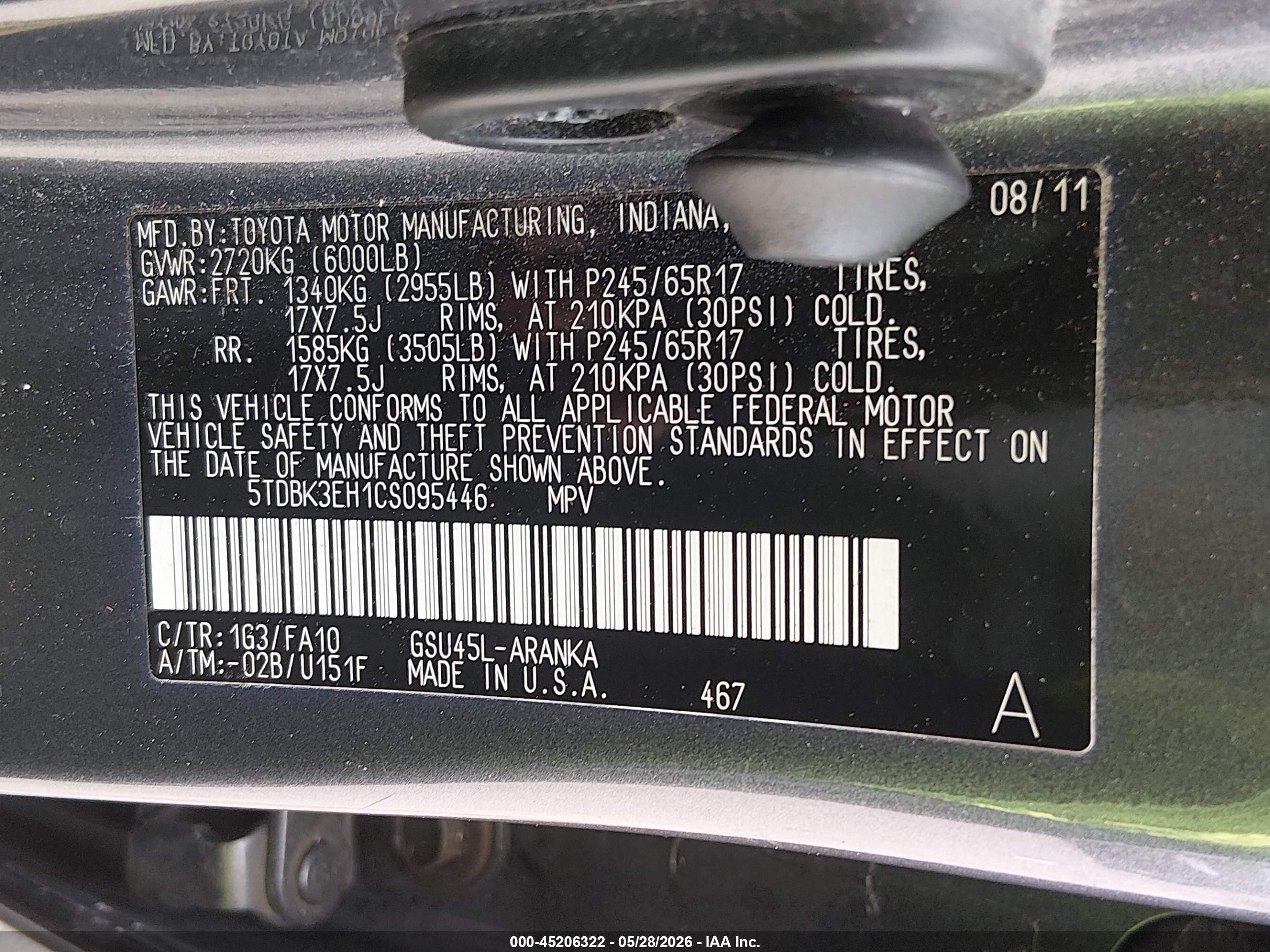 2012 Toyota Highlander Base V6 Gray vin: 5TDBK3EH1CS095446