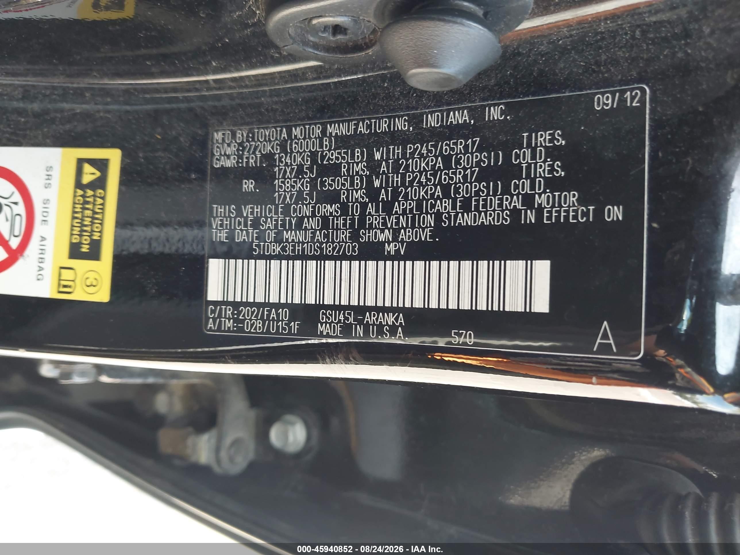 2013 Toyota Highlander Base Plus V6 Black vin: 5TDBK3EH1DS182703