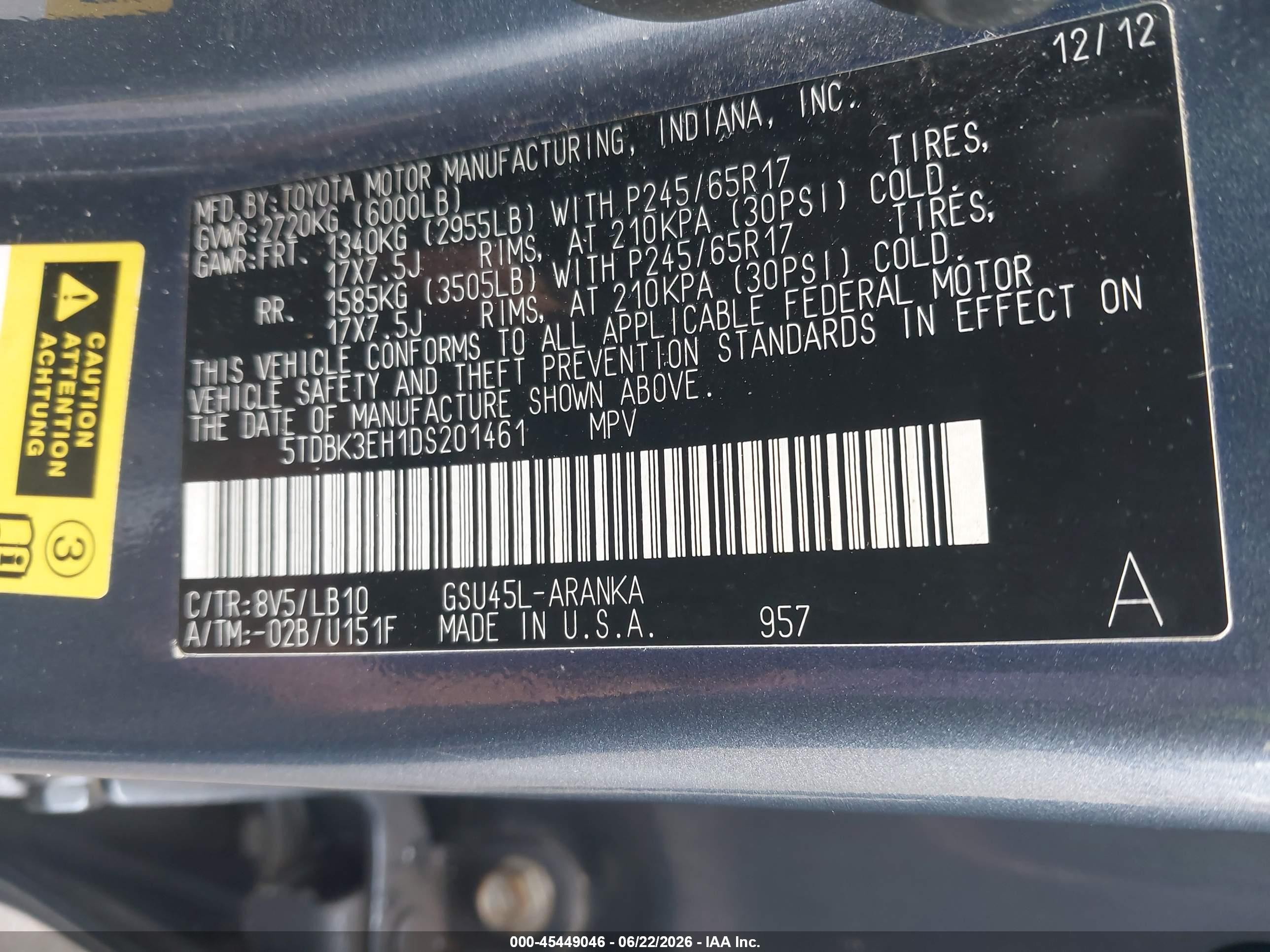 2013 Toyota Highlander Se V6 Blue vin: 5TDBK3EH1DS201461