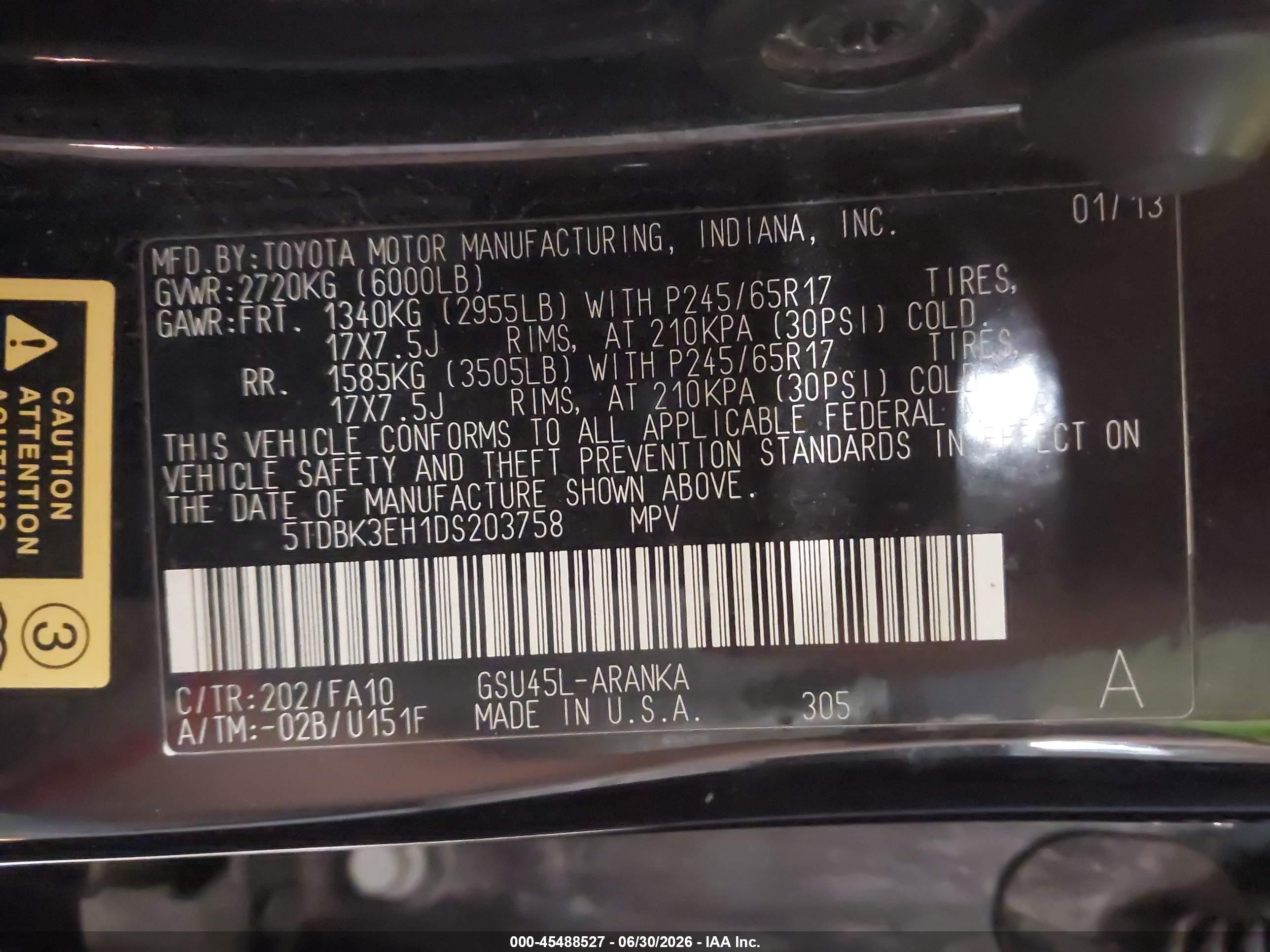 2013 Toyota Highlander Base Plus V6 Black vin: 5TDBK3EH1DS203758