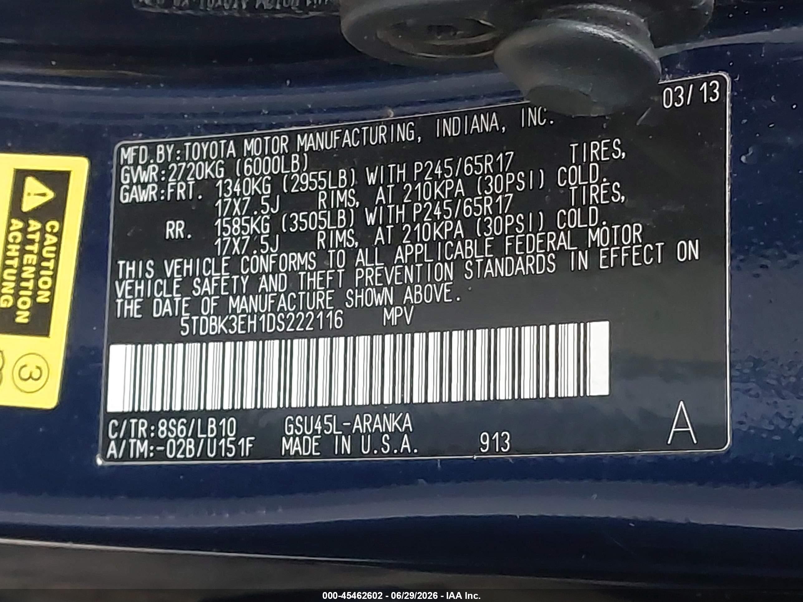 2013 Toyota Highlander Se V6 Blue vin: 5TDBK3EH1DS222116