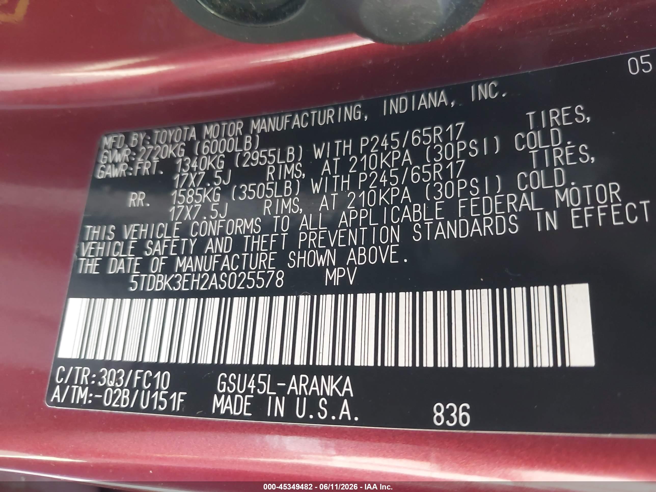2010 Toyota Highlander Base V6 Maroon vin: 5TDBK3EH2AS025578