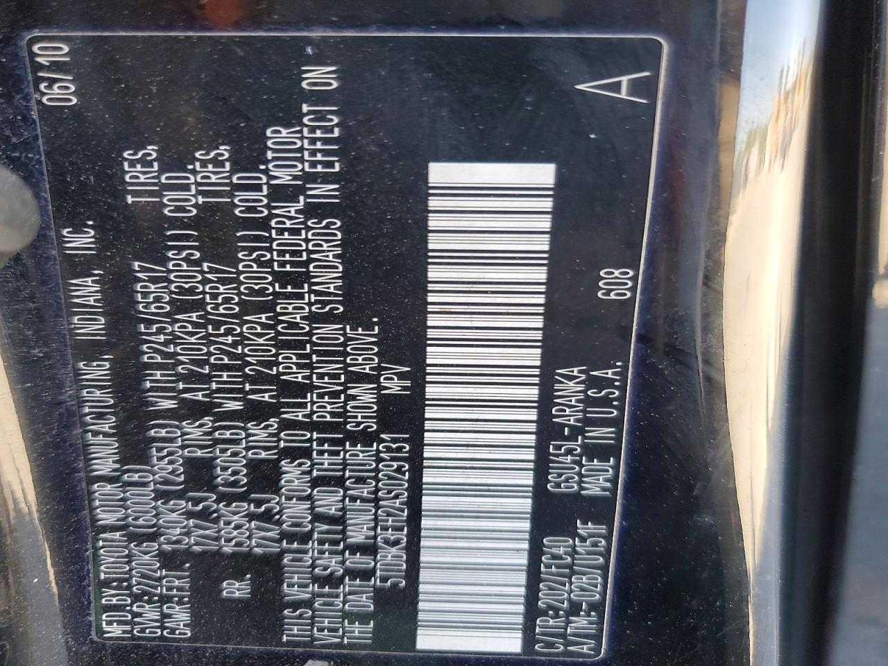 2010 Toyota Highlander Base Black vin: 5TDBK3EH2AS029131