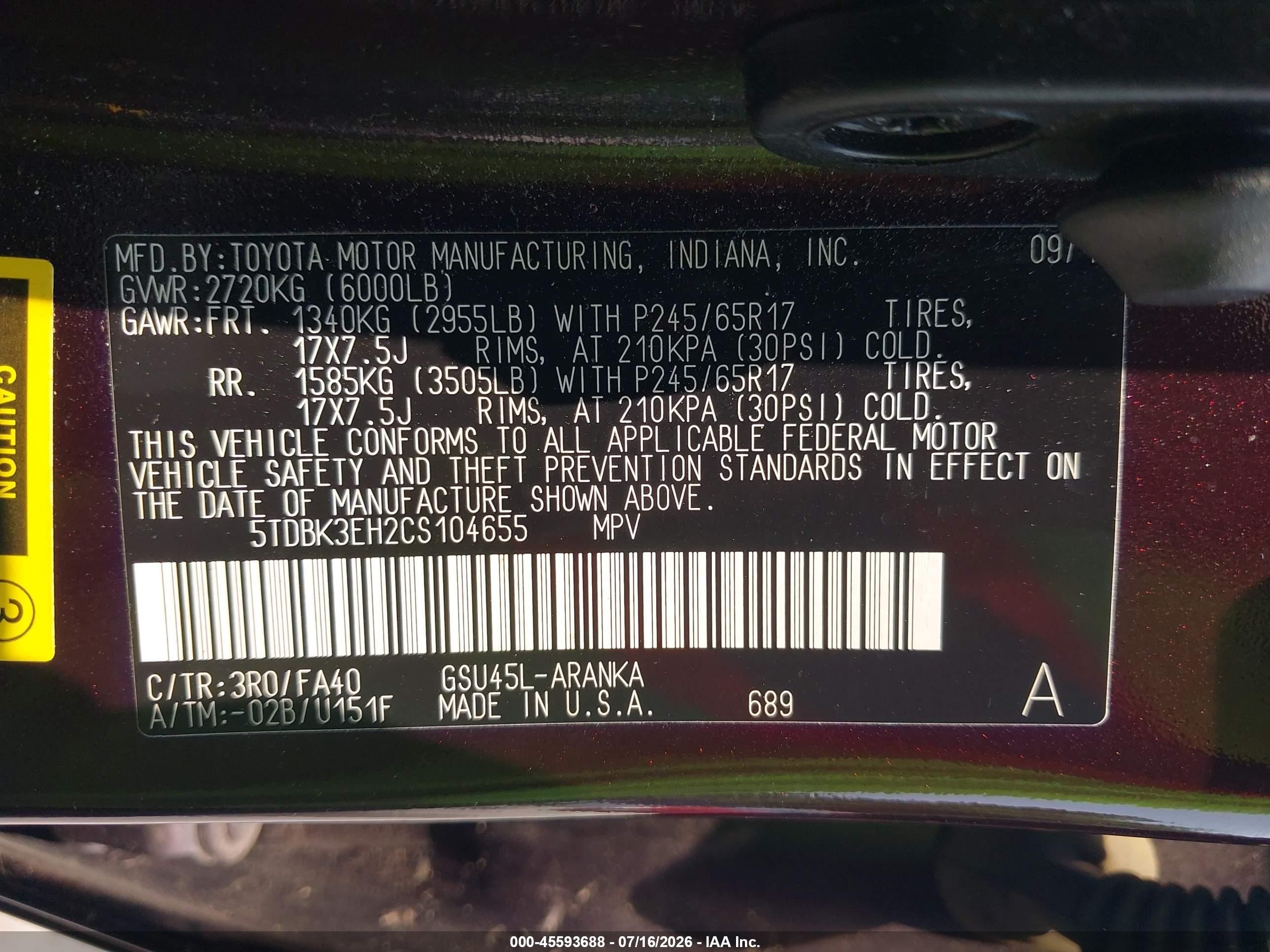 2012 Toyota Highlander Base V6 Maroon vin: 5TDBK3EH2CS104655