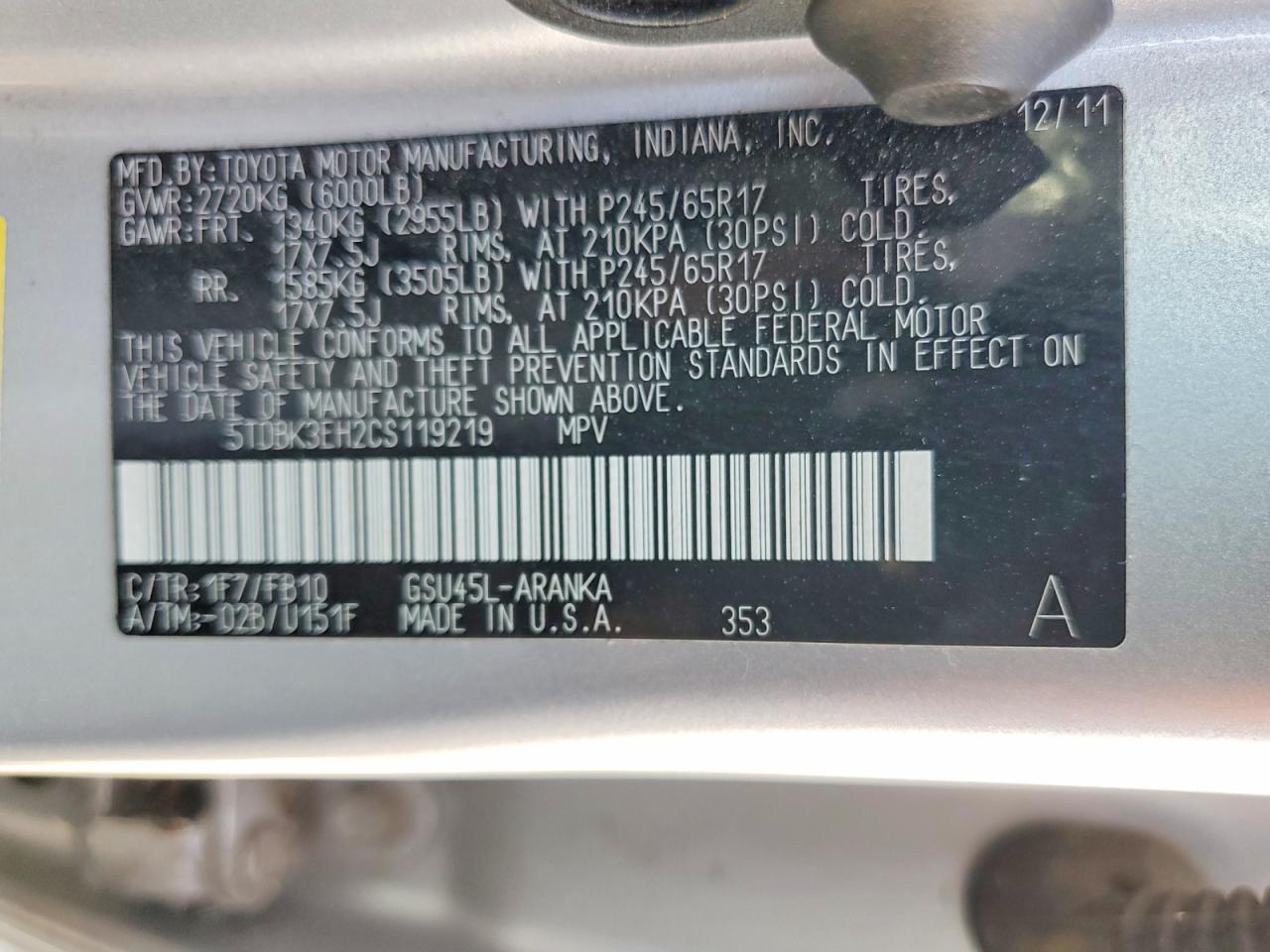 2012 Toyota Highlander Base Silver vin: 5TDBK3EH2CS119219