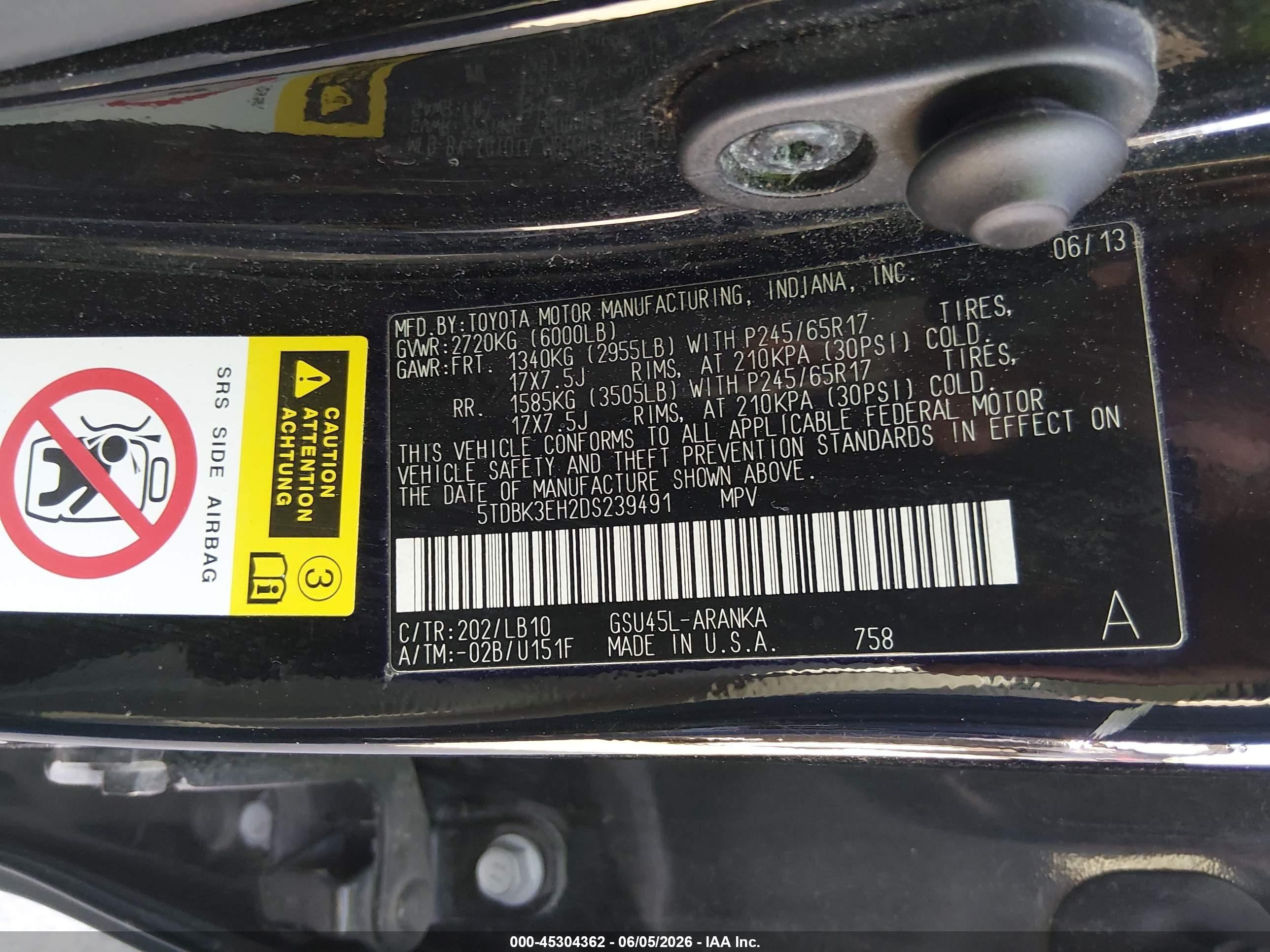 2013 Toyota Highlander Se V6 Black vin: 5TDBK3EH2DS239491