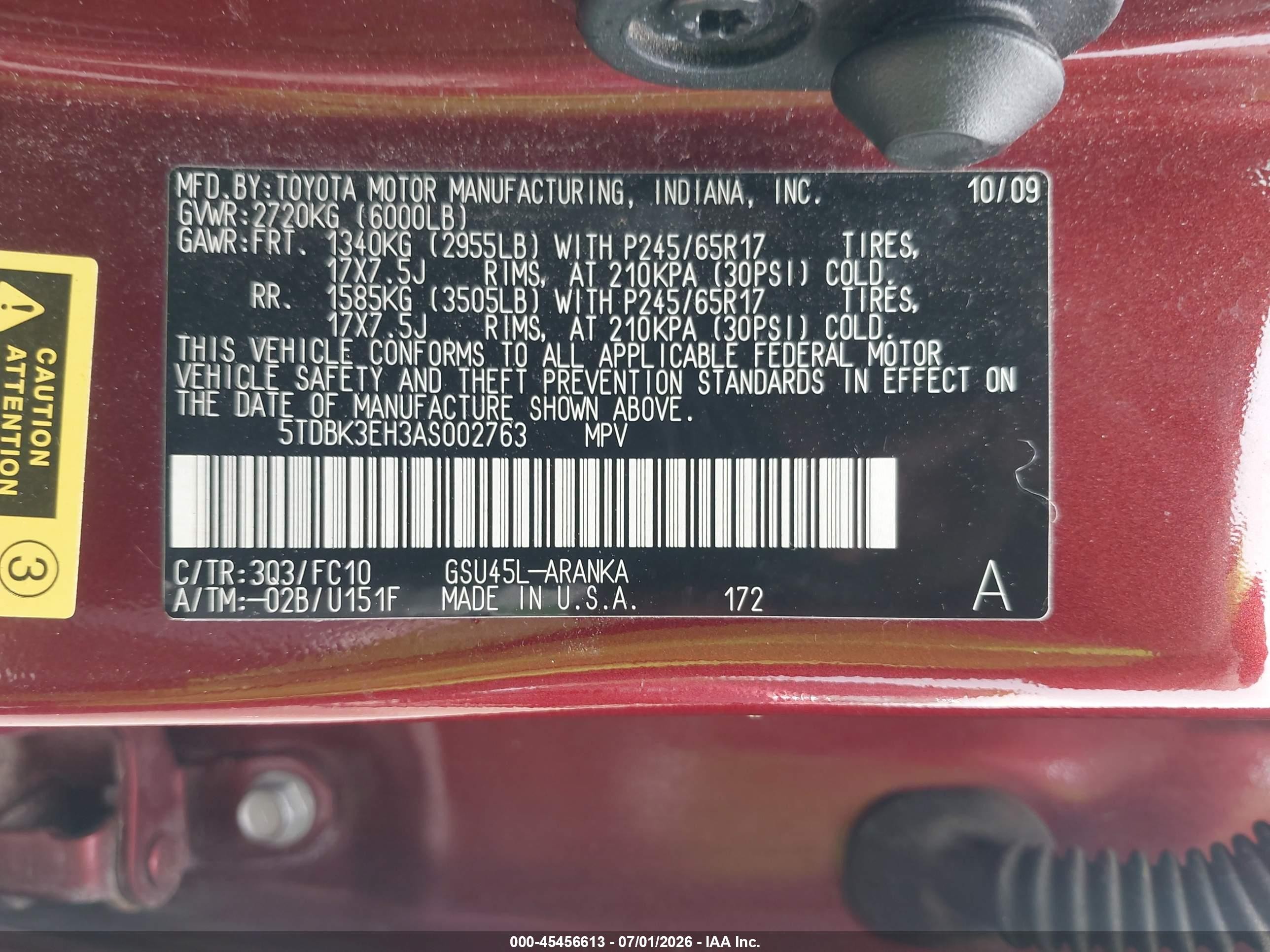 2010 Toyota Highlander Base V6 Red vin: 5TDBK3EH3AS002763