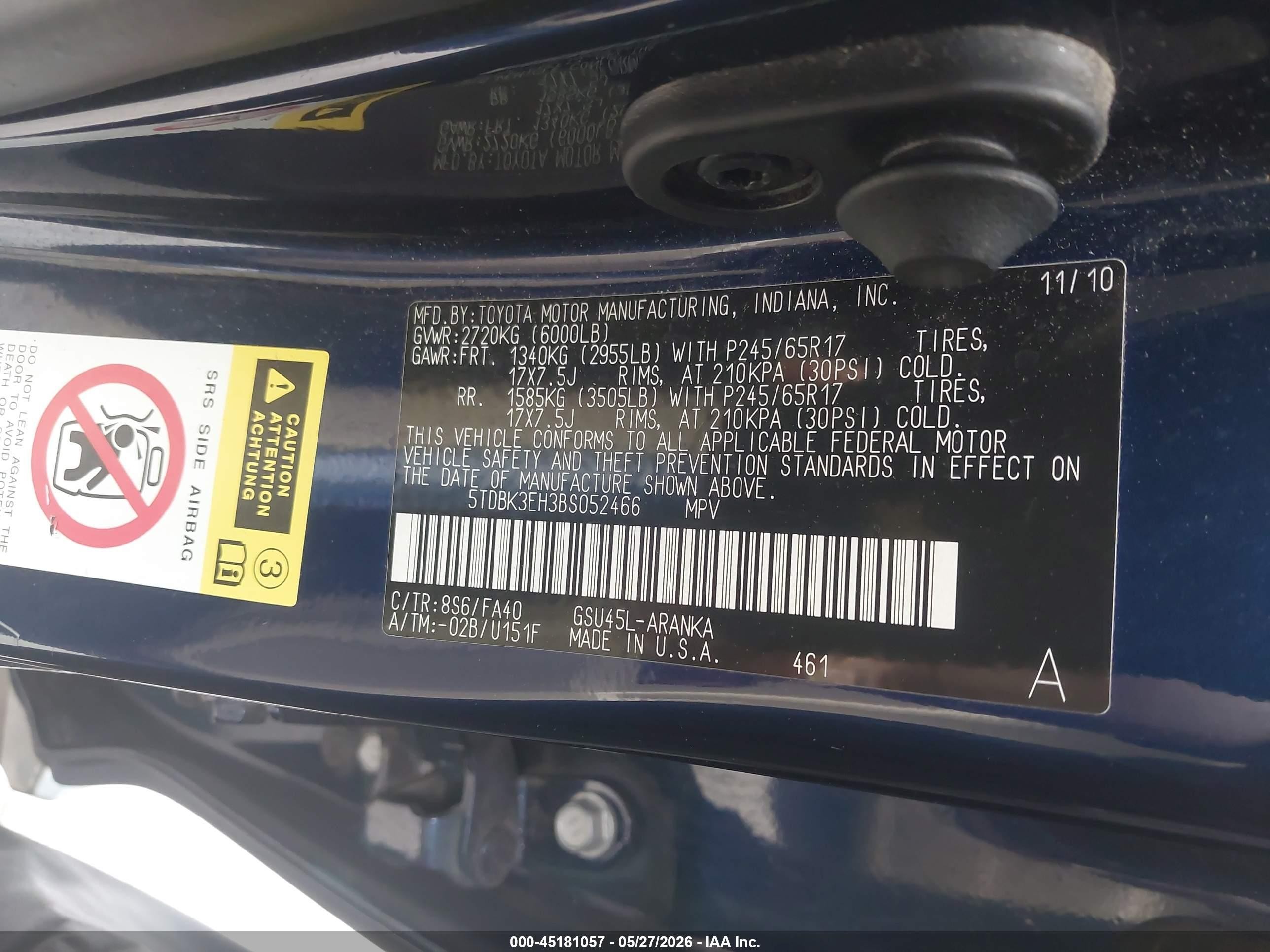 2011 Toyota Highlander Base V6 Синий vin: 5TDBK3EH3BS052466