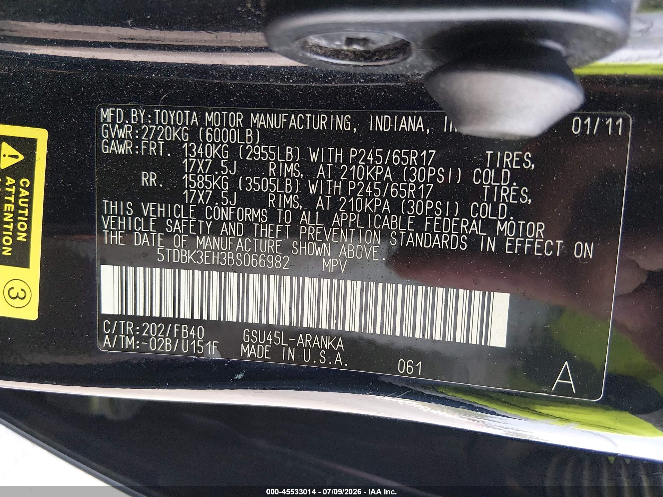 2011 Toyota Highlander Base V6 Black vin: 5TDBK3EH3BS066982