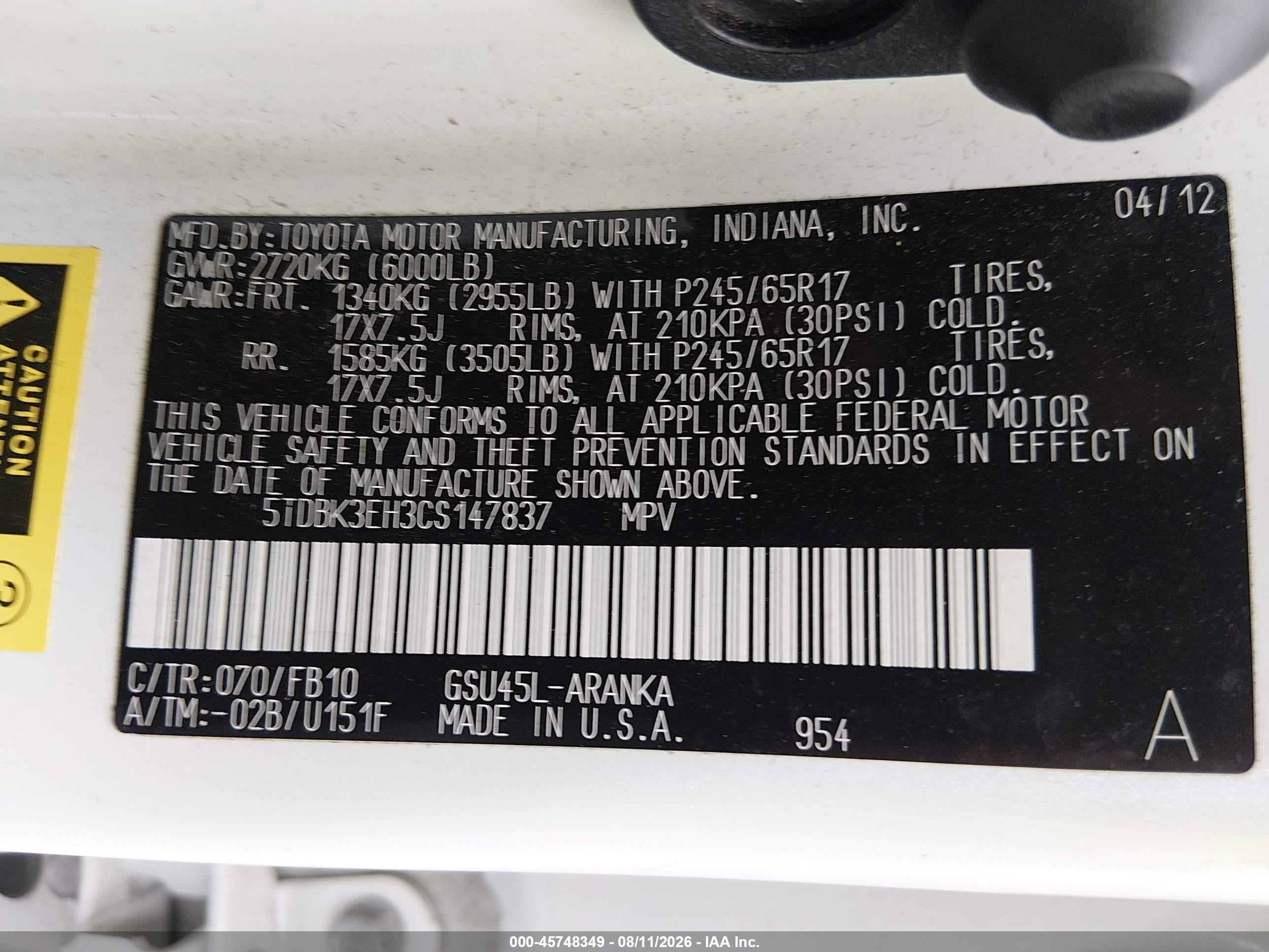2012 Toyota Highlander Base V6 Белый vin: 5TDBK3EH3CS147837