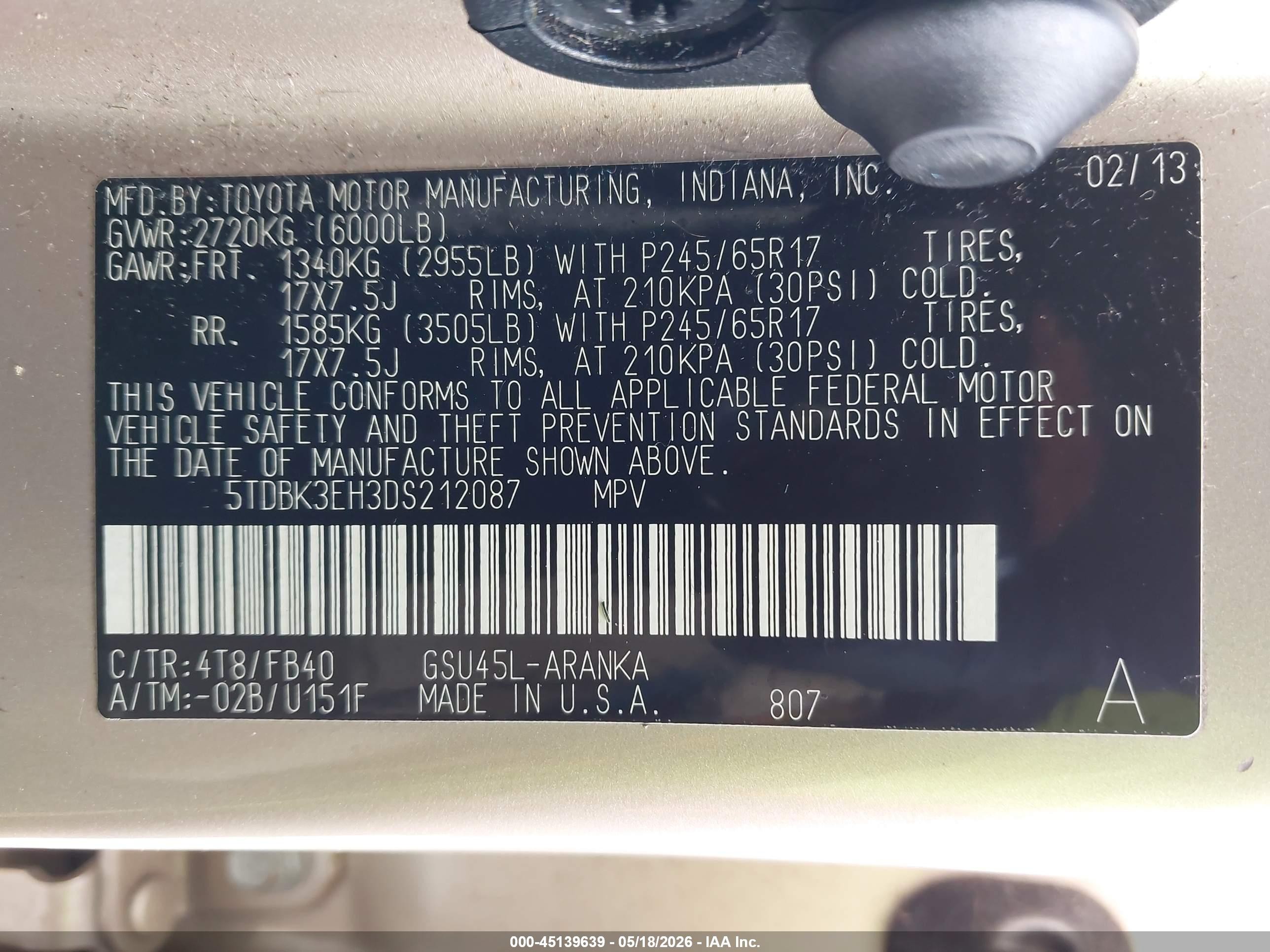 2013 Toyota Highlander Base V6 Золотой vin: 5TDBK3EH3DS212087