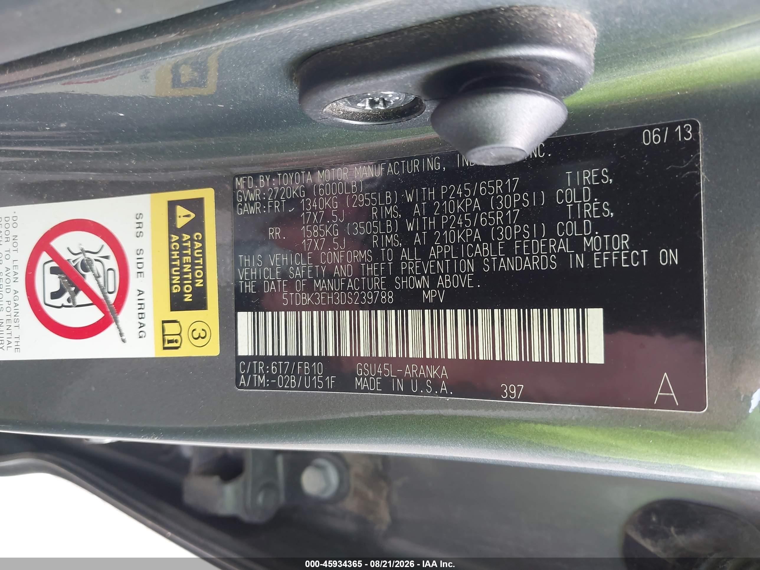 2013 Toyota Highlander Base V6 Green vin: 5TDBK3EH3DS239788