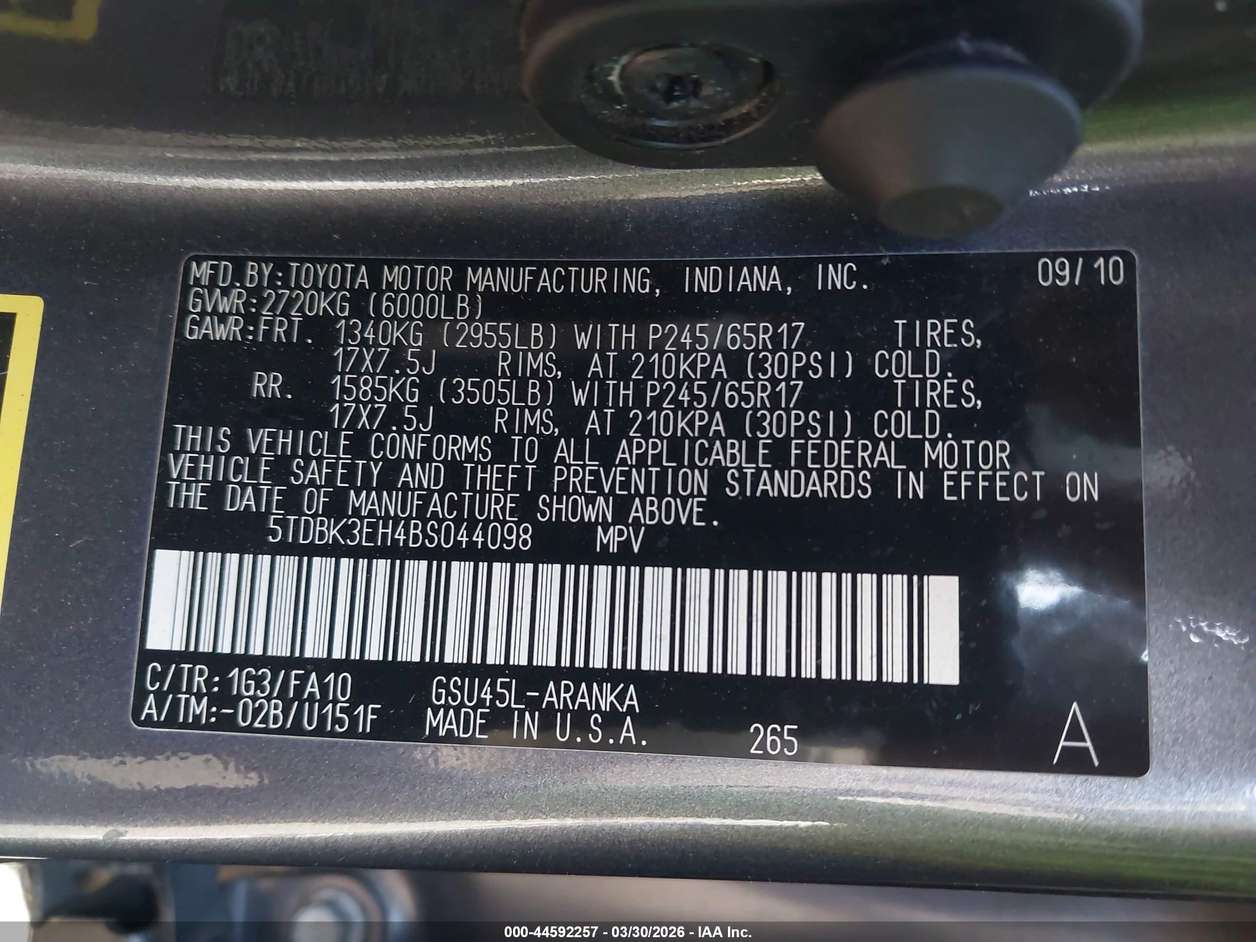2011 Toyota Highlander Base V6 Gray vin: 5TDBK3EH4BS044098