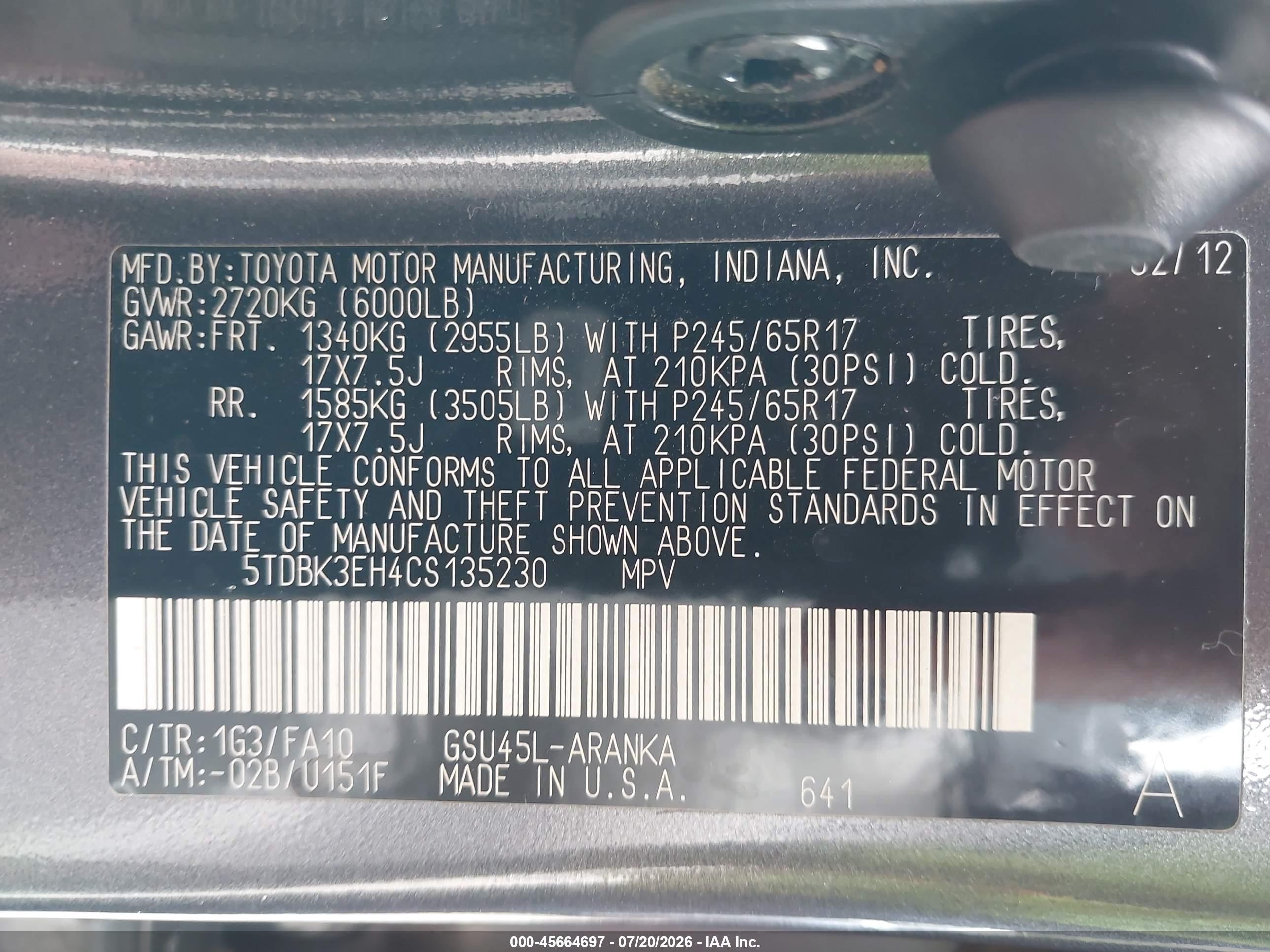 2012 Toyota Highlander Base V6 Gray vin: 5TDBK3EH4CS135230