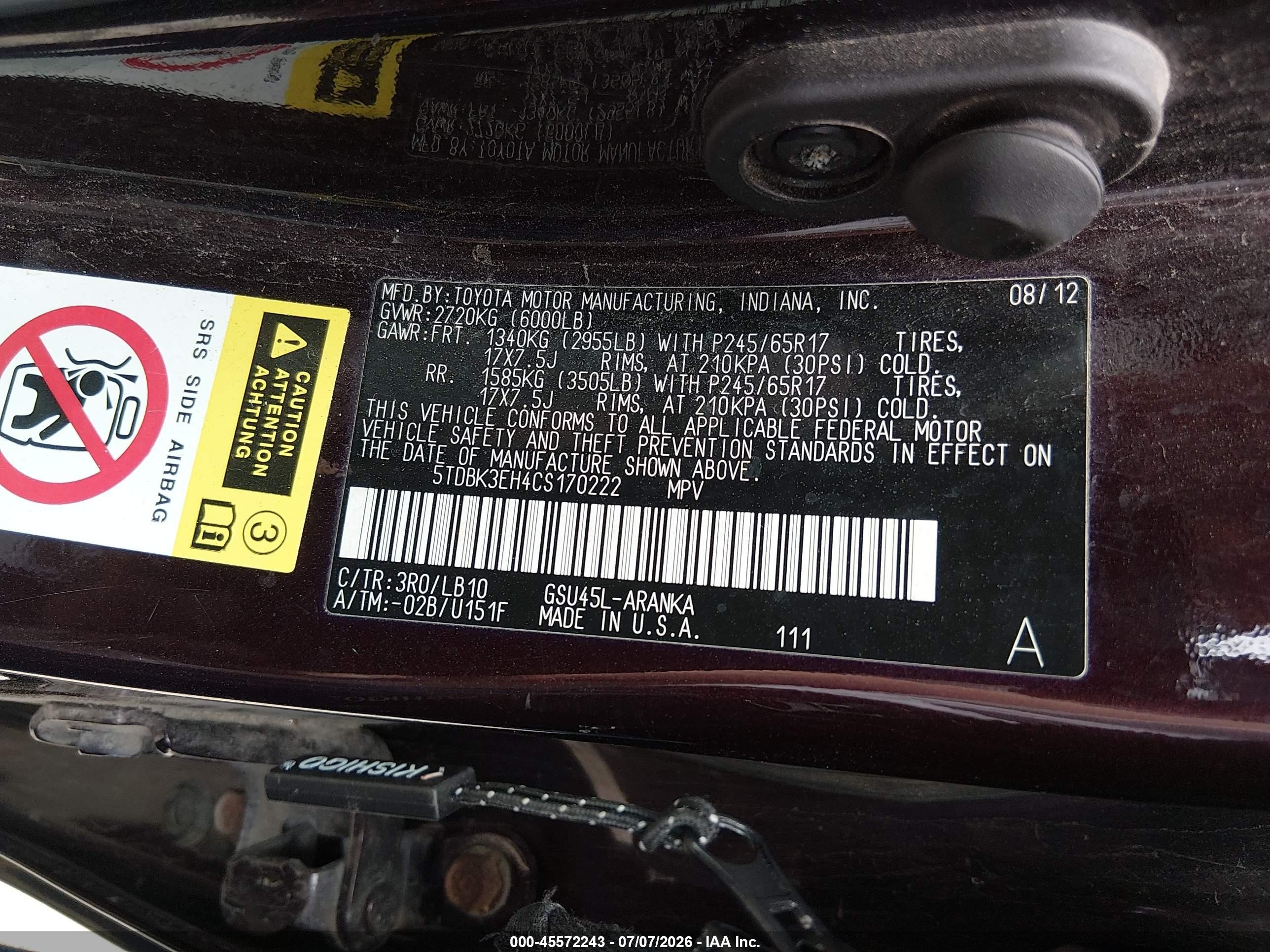2012 Toyota Highlander Se V6 Maroon vin: 5TDBK3EH4CS170222