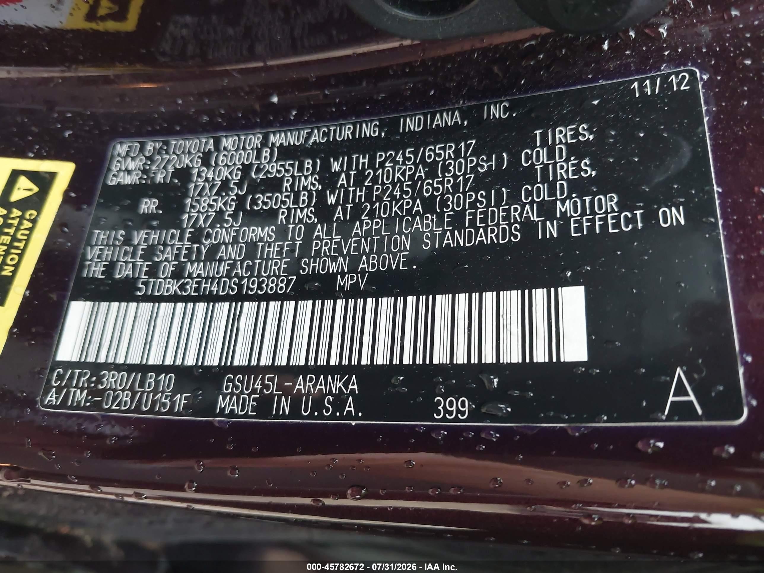 2013 Toyota Highlander Se V6 Burgundy vin: 5TDBK3EH4DS193887
