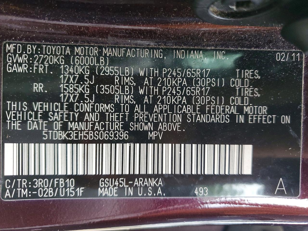2011 Toyota Highlander Base Maroon vin: 5TDBK3EH5BS069396
