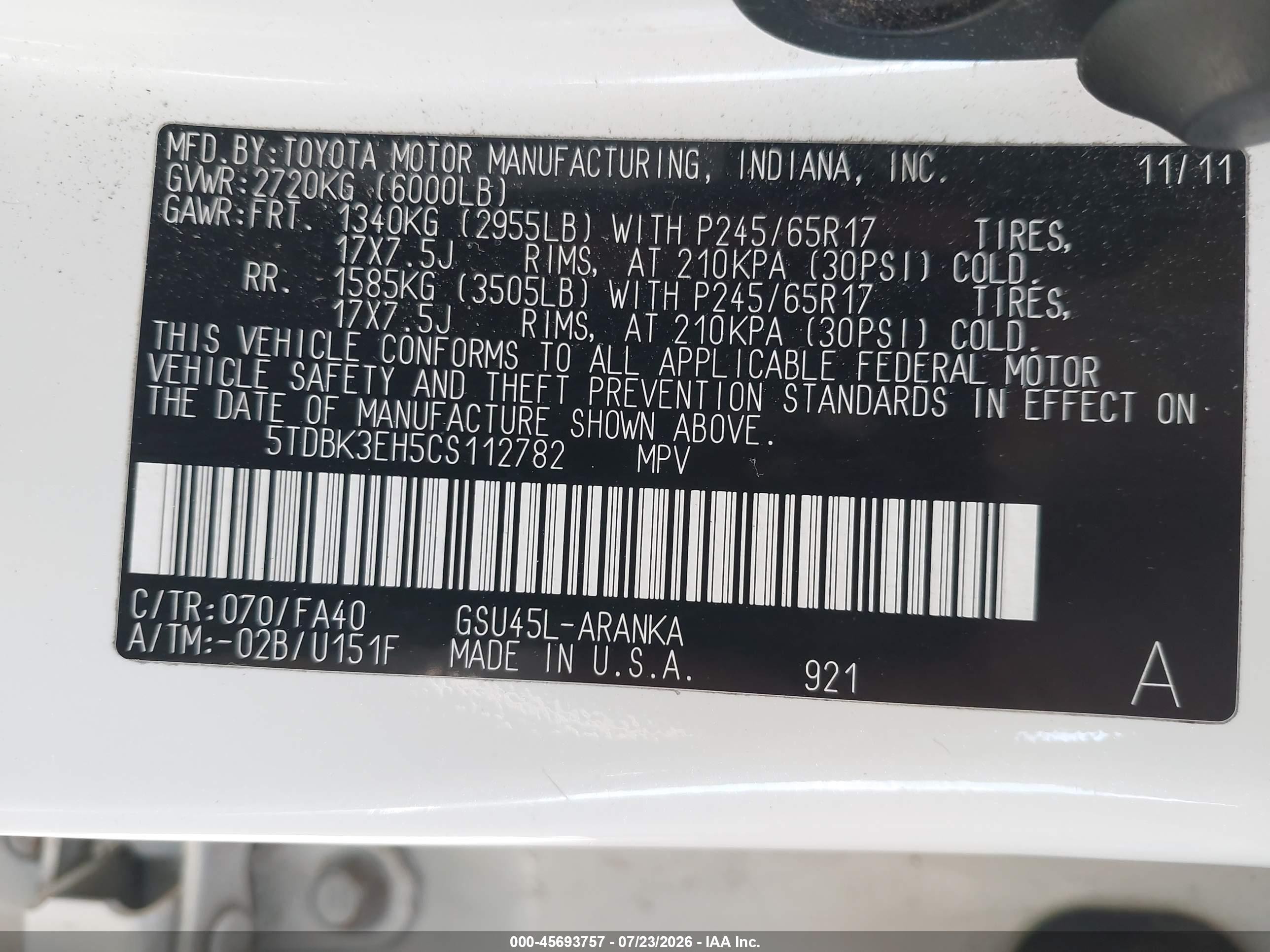 2012 Toyota Highlander Base V6 White vin: 5TDBK3EH5CS112782