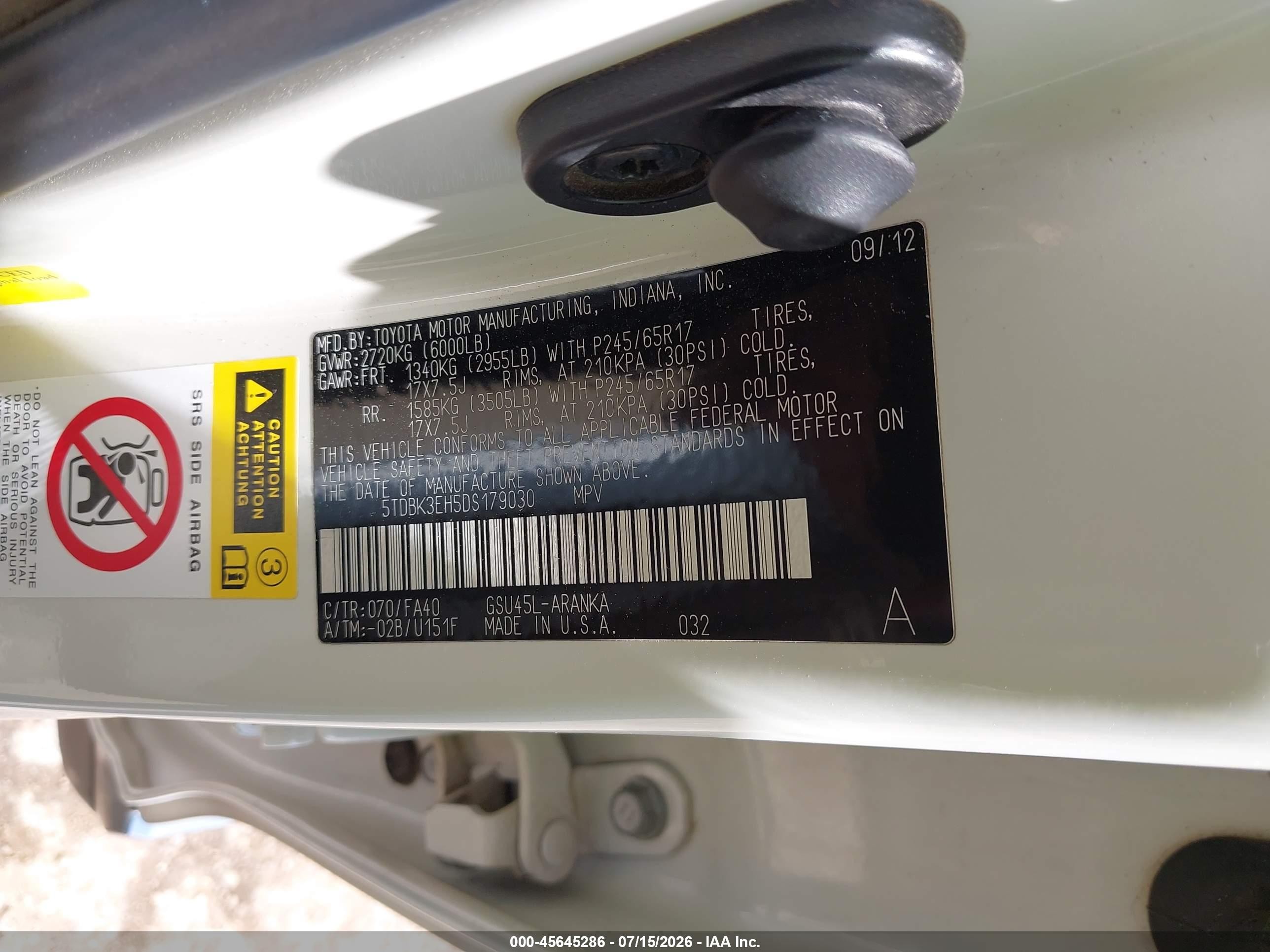 2013 Toyota Highlander Base Plus V6 White vin: 5TDBK3EH5DS179030