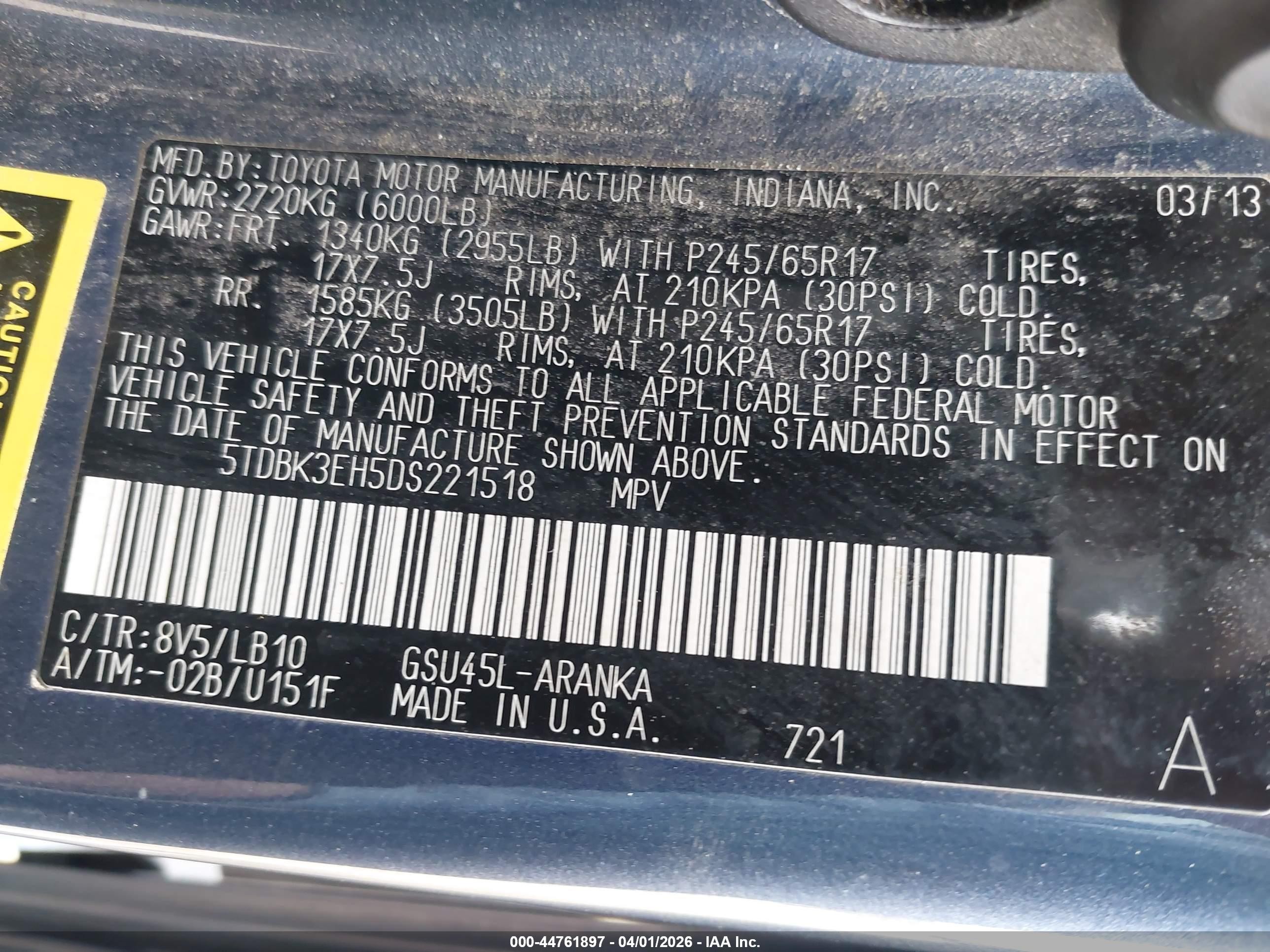 2013 Toyota Highlander Se V6 Blue vin: 5TDBK3EH5DS221518