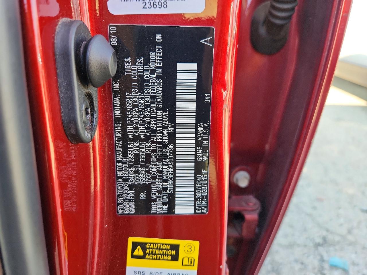 2010 Toyota Highlander Base Red vin: 5TDBK3EH6AS037796