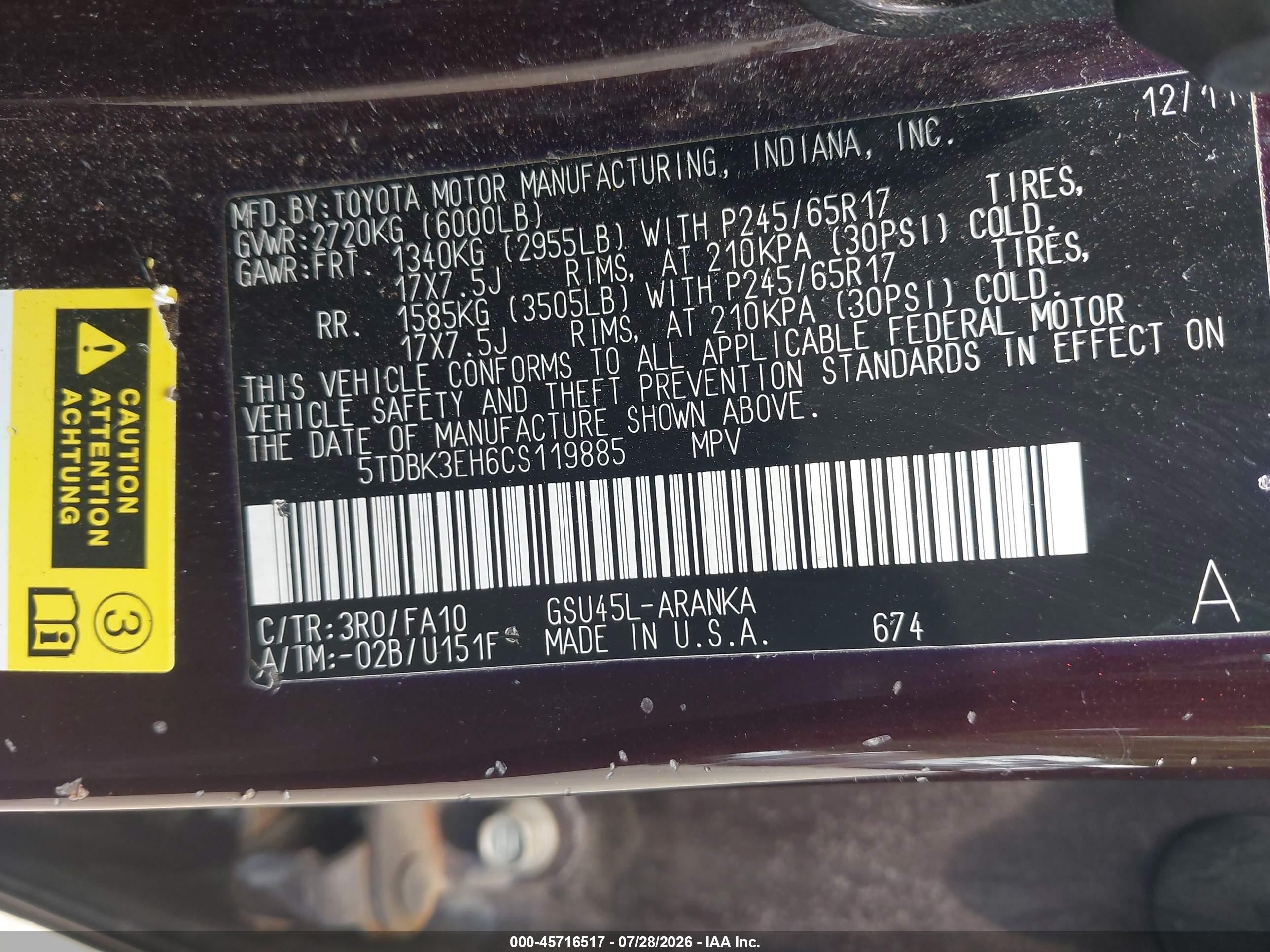 2012 Toyota Highlander Base V6 Maroon vin: 5TDBK3EH6CS119885