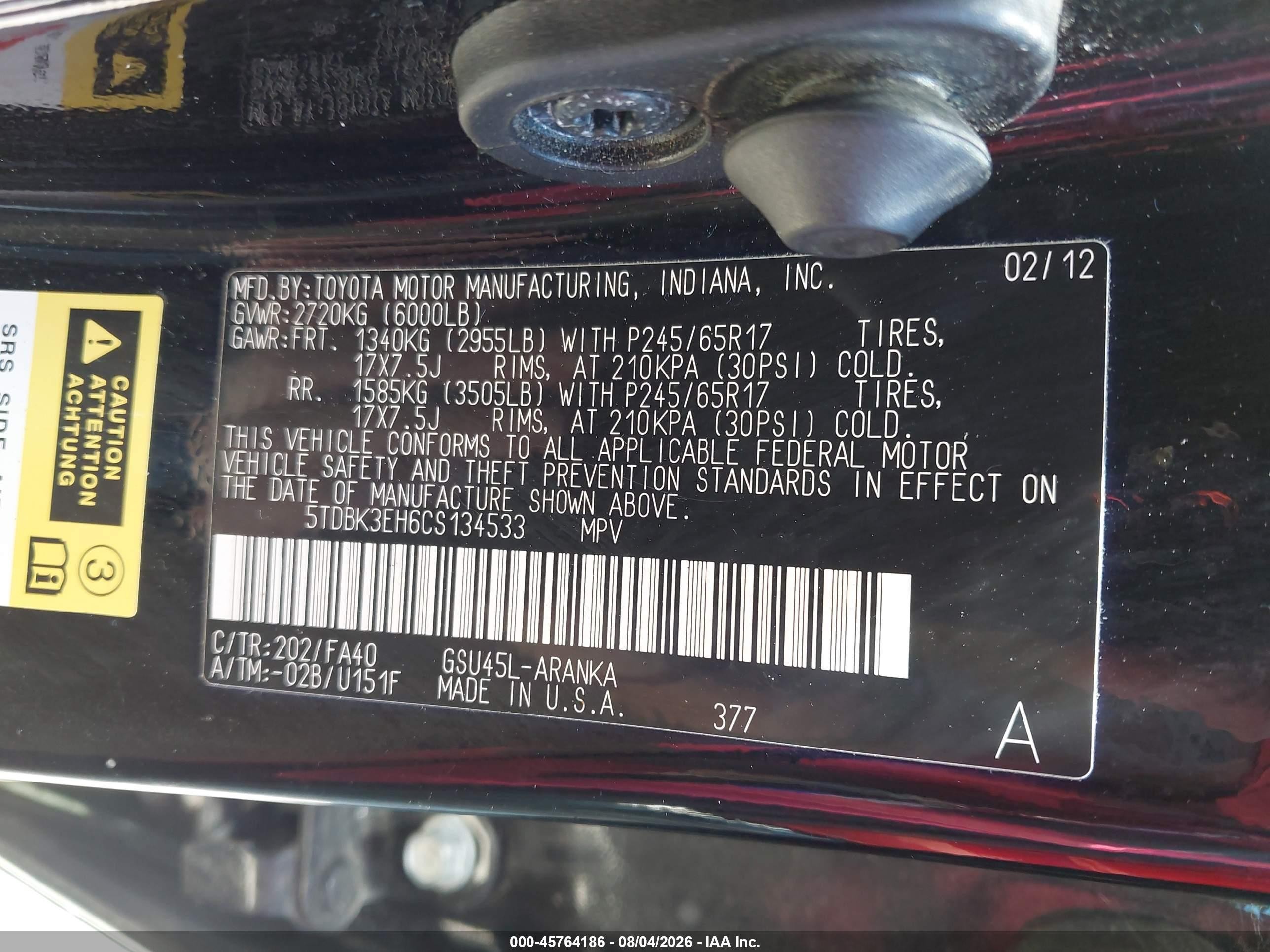2012 Toyota Highlander Base V6 Black vin: 5TDBK3EH6CS134533