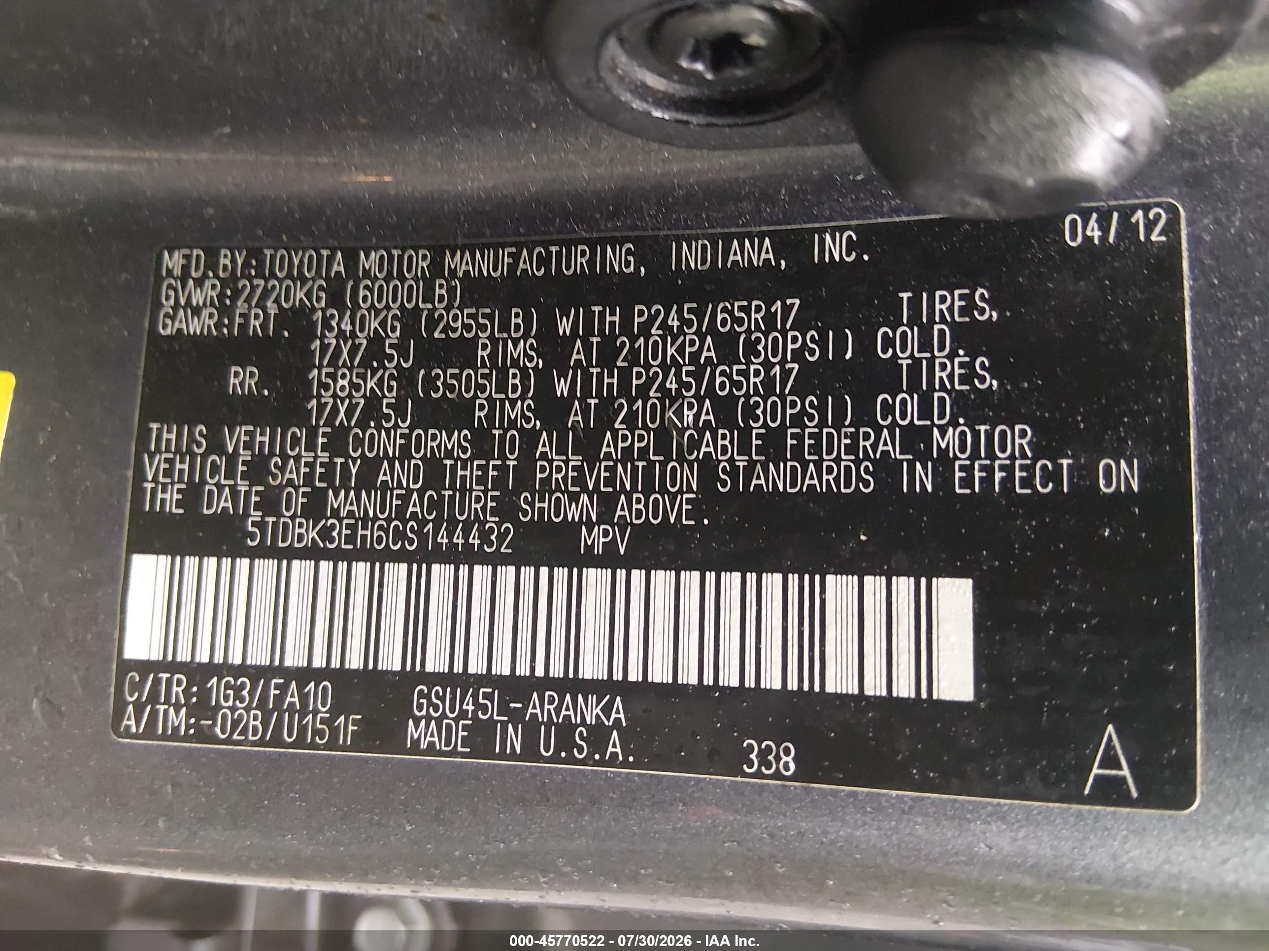 2012 Toyota Highlander Base V6 Серый vin: 5TDBK3EH6CS144432