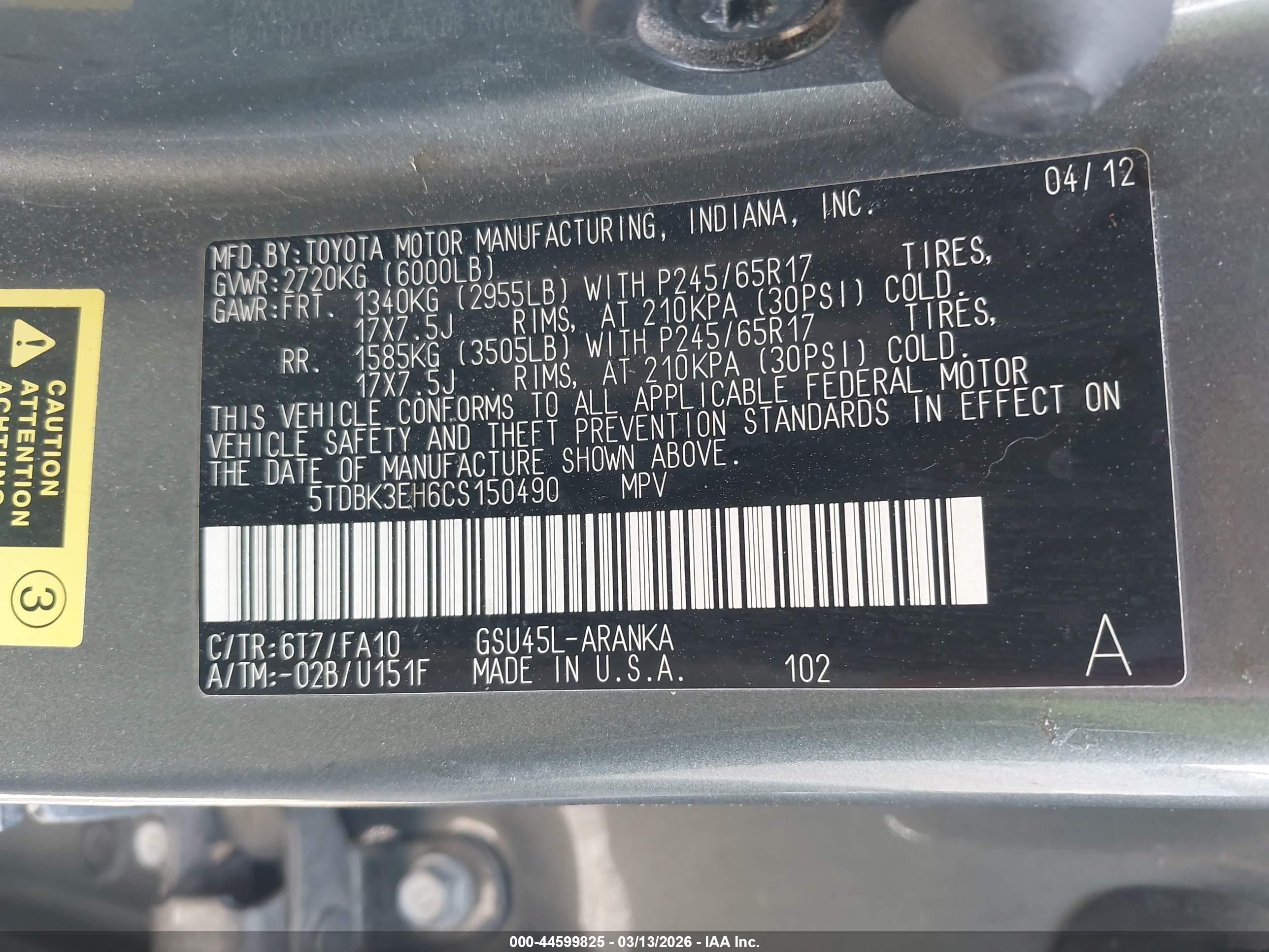 2012 Toyota Highlander Base V6 Gray vin: 5TDBK3EH6CS150490