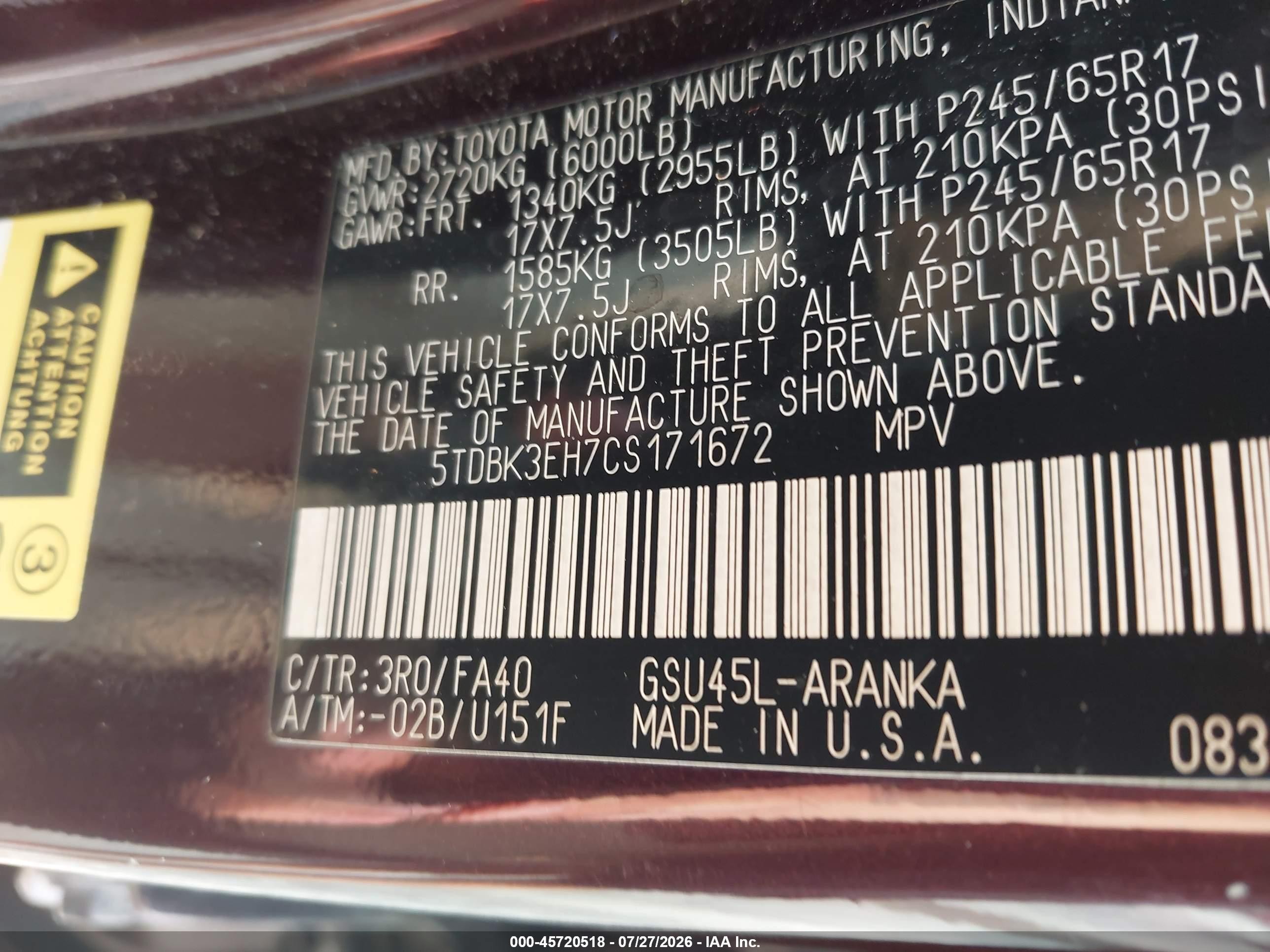 2012 Toyota Highlander Base V6 Maroon vin: 5TDBK3EH7CS171672