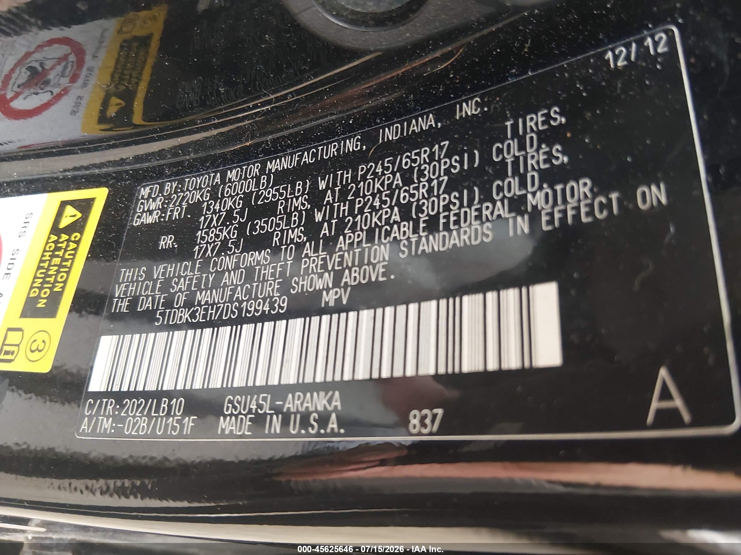 2013 Toyota Highlander Se V6 Black vin: 5TDBK3EH7DS199439