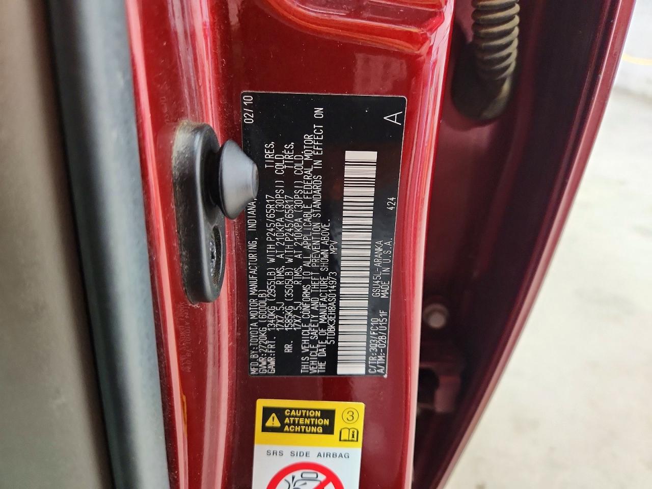 2010 Toyota Highlander Base Red vin: 5TDBK3EH8AS014973
