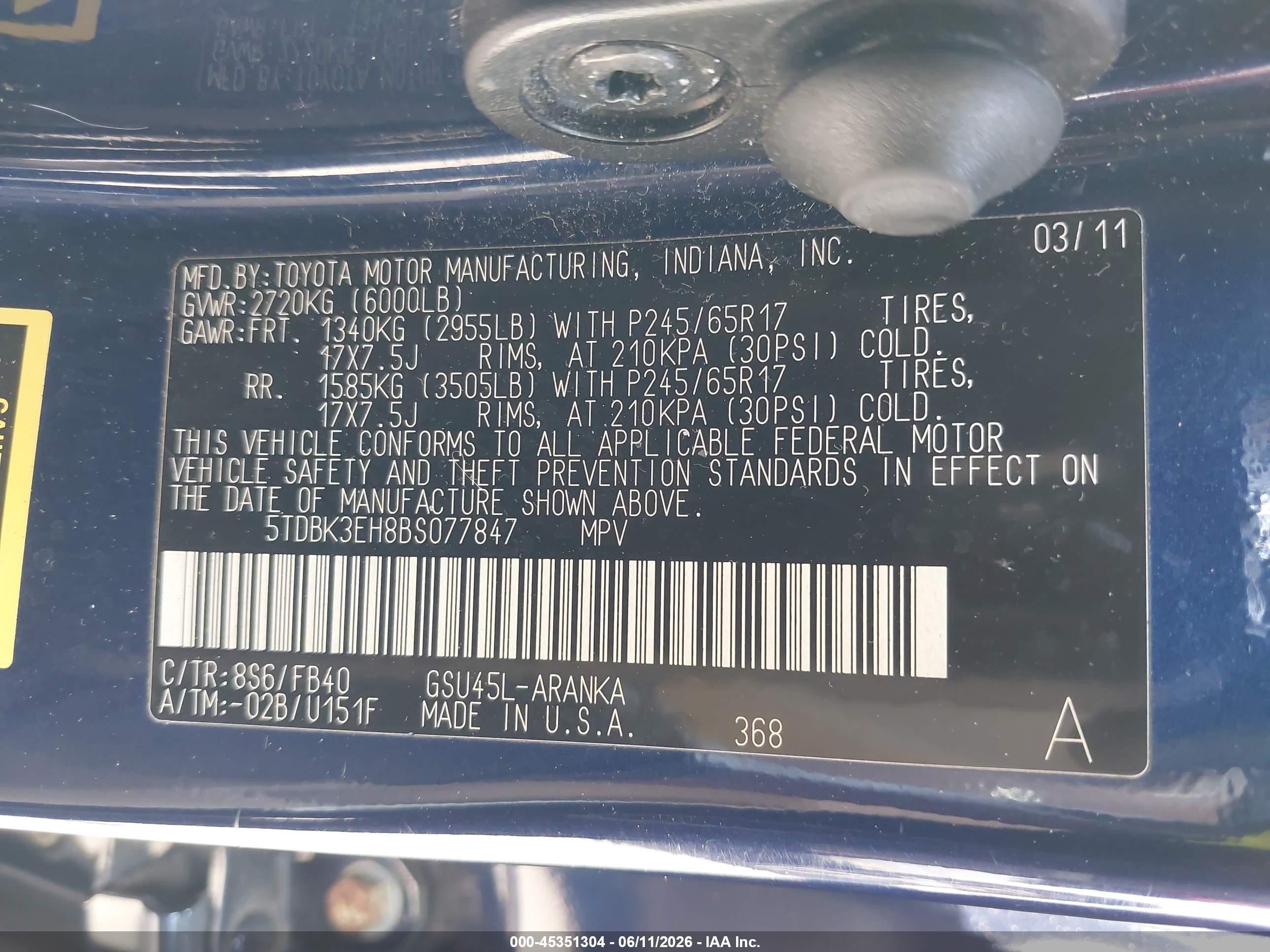 2011 Toyota Highlander Base V6 Dark Blue vin: 5TDBK3EH8BS077847