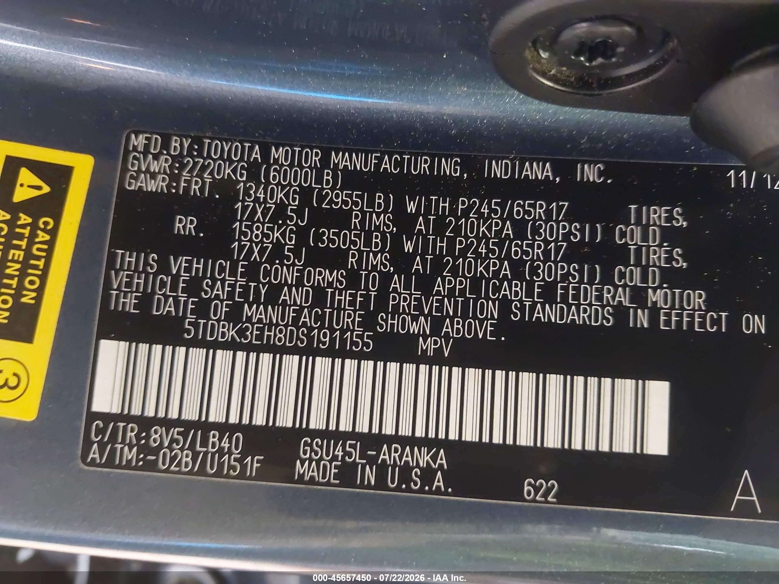 2013 Toyota Highlander Se V6 Blue vin: 5TDBK3EH8DS191155