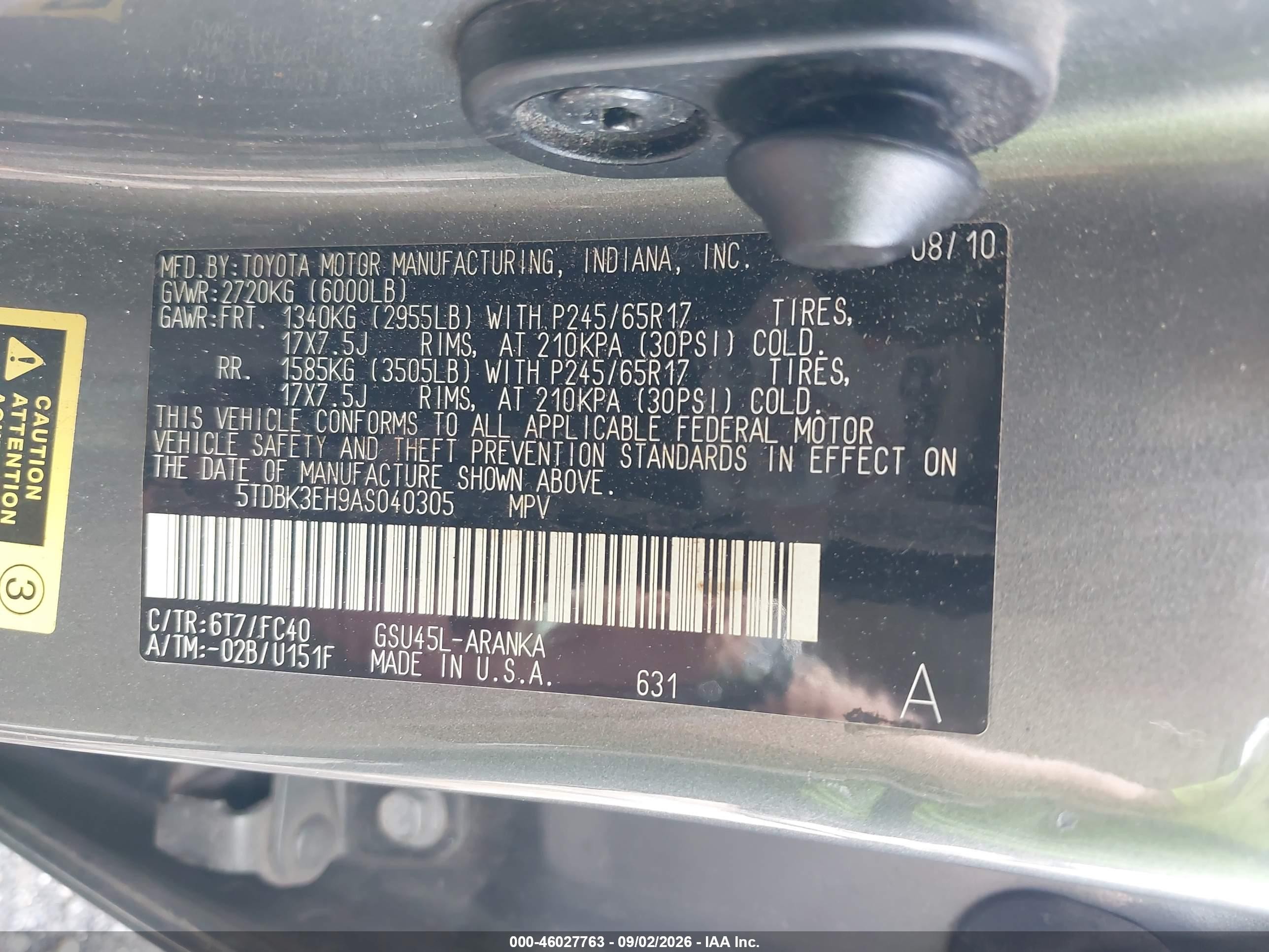2010 Toyota Highlander Base V6 Gray vin: 5TDBK3EH9AS040305