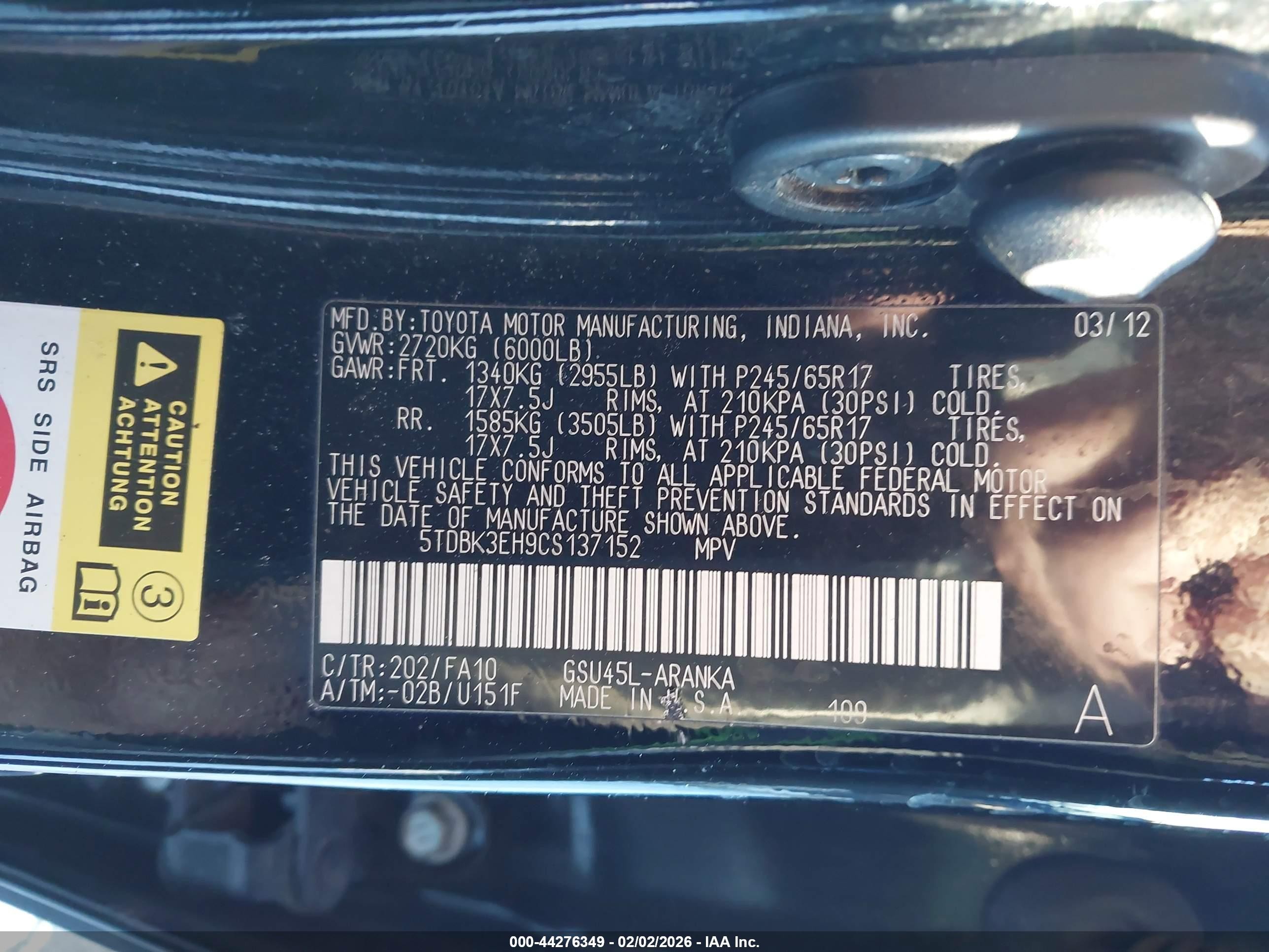 2012 Toyota Highlander Base V6 Black vin: 5TDBK3EH9CS137152