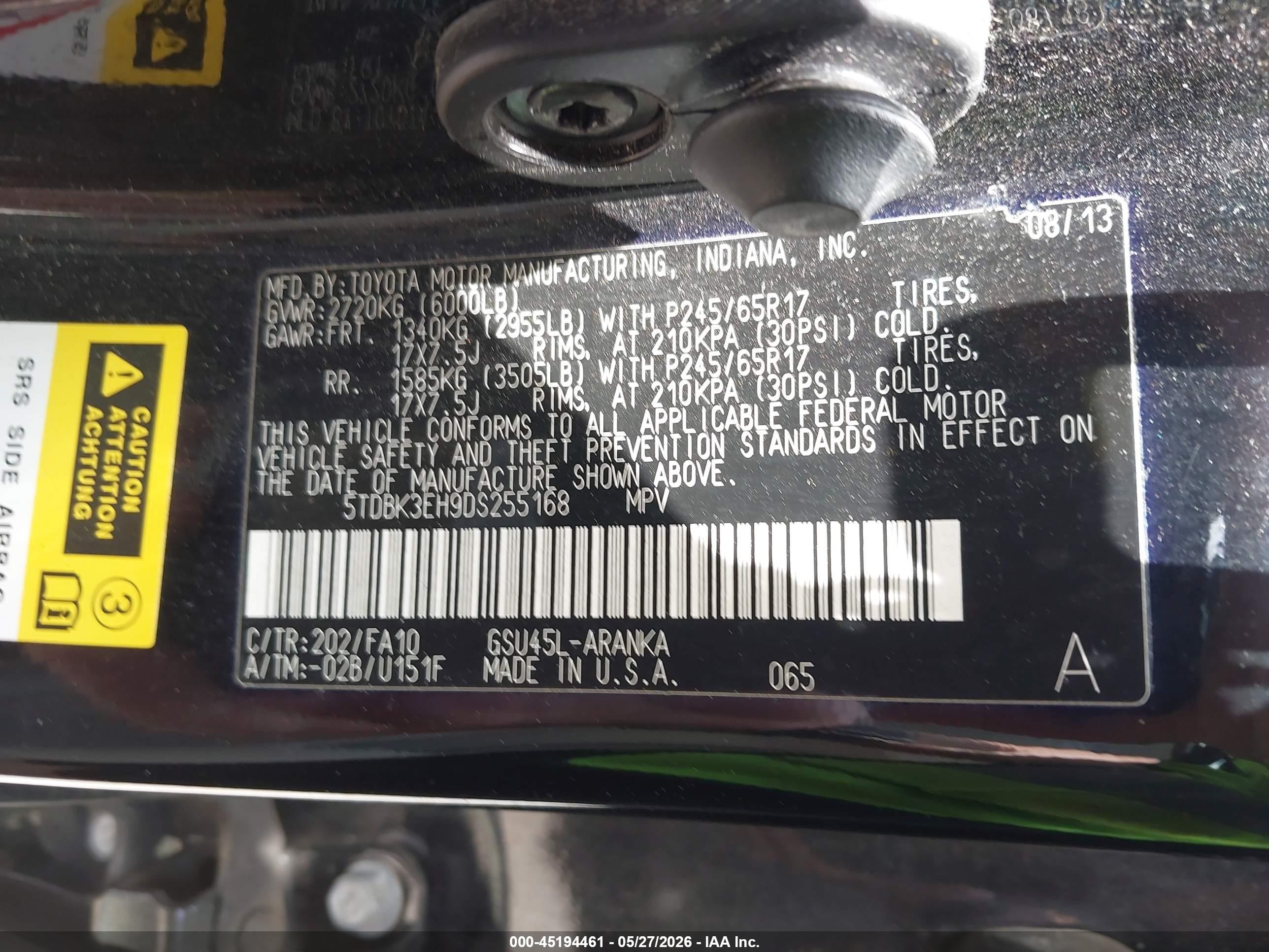 2013 Toyota Highlander Base Plus V6 Black vin: 5TDBK3EH9DS255168