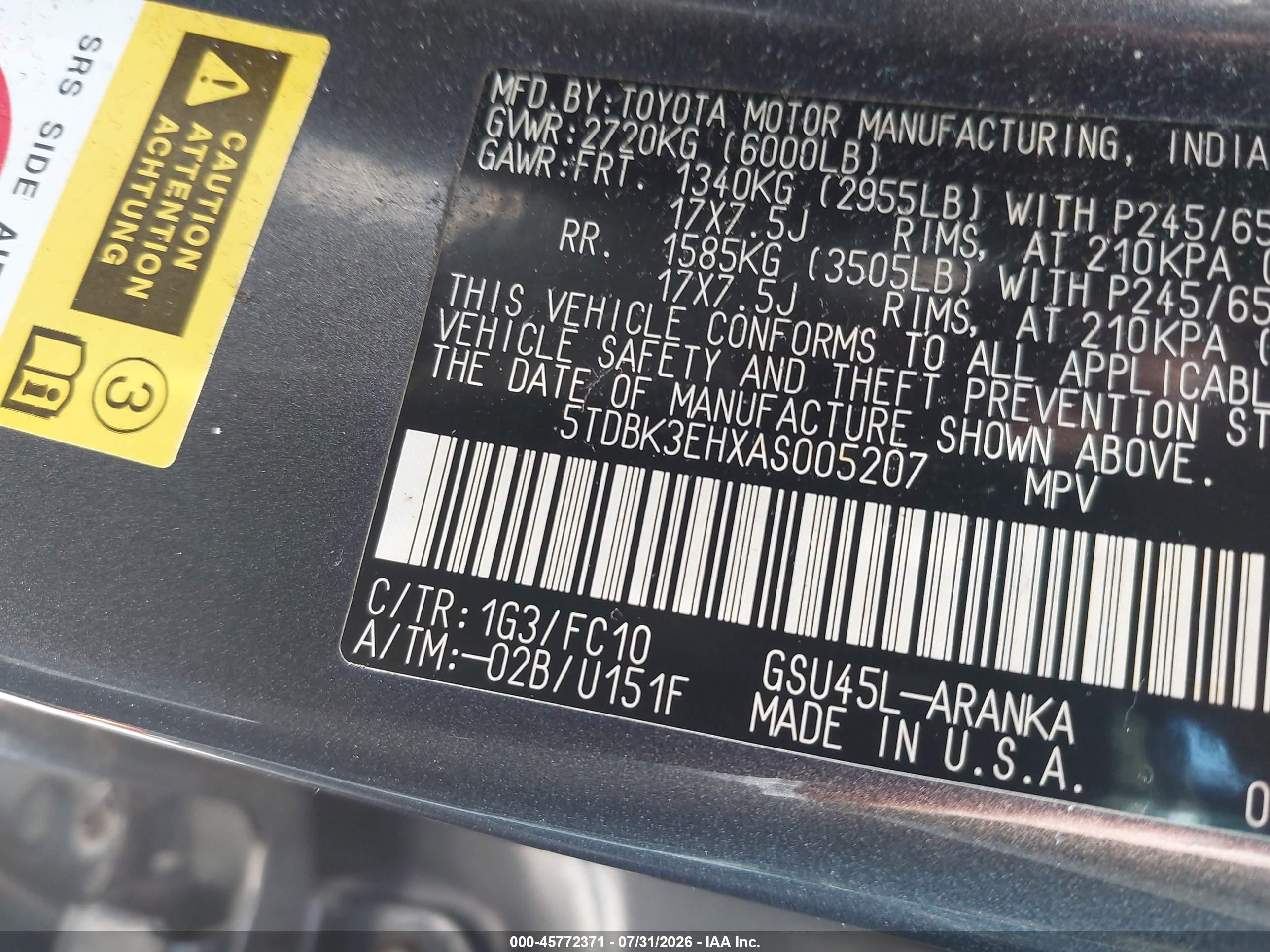 2010 Toyota Highlander Base V6 Black vin: 5TDBK3EHXAS005207