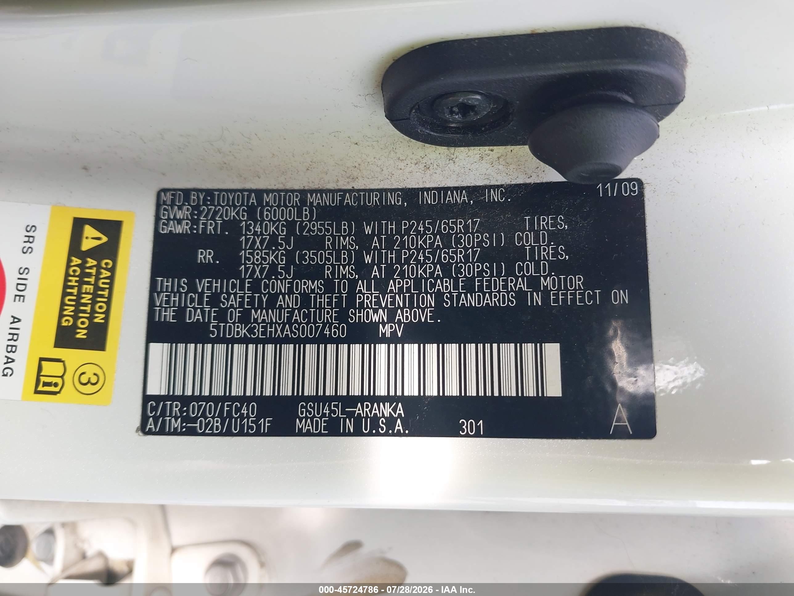 2010 Toyota Highlander Base V6 White vin: 5TDBK3EHXAS007460