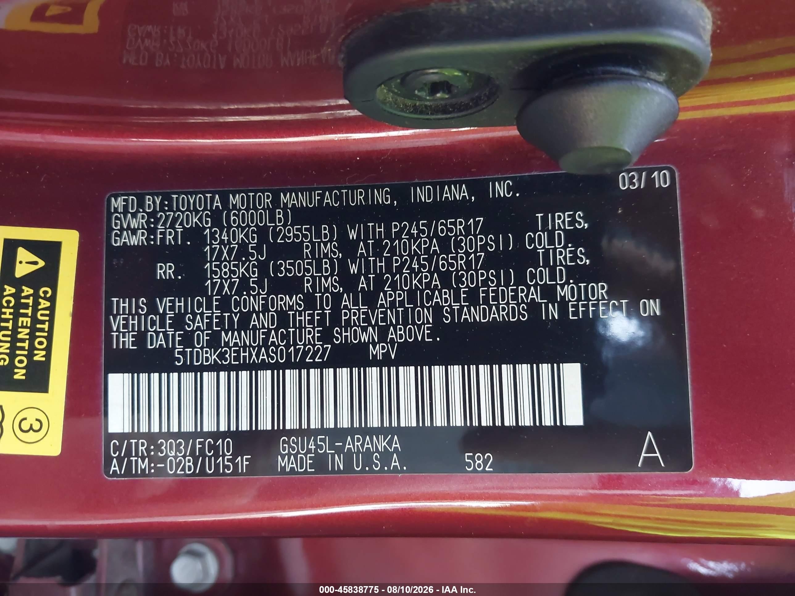 2010 Toyota Highlander Base V6 Красный vin: 5TDBK3EHXAS017227