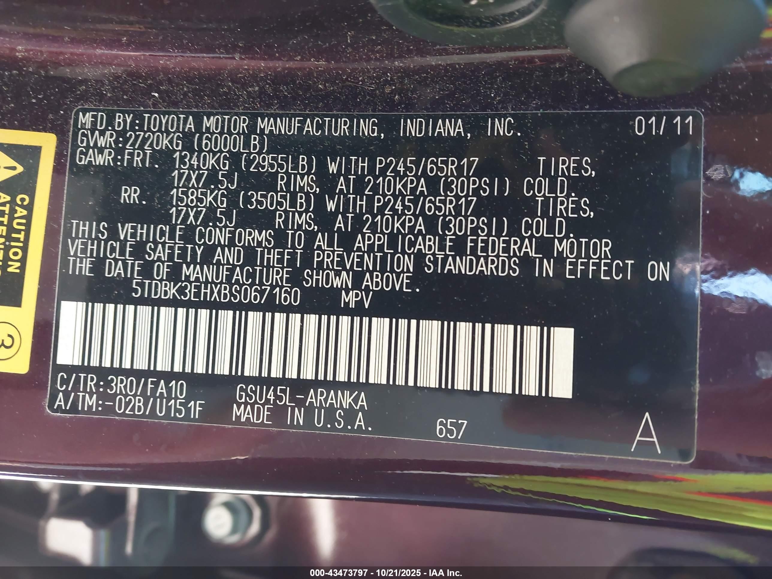 2011 Toyota Highlander Base V6 Maroon vin: 5TDBK3EHXBS067160