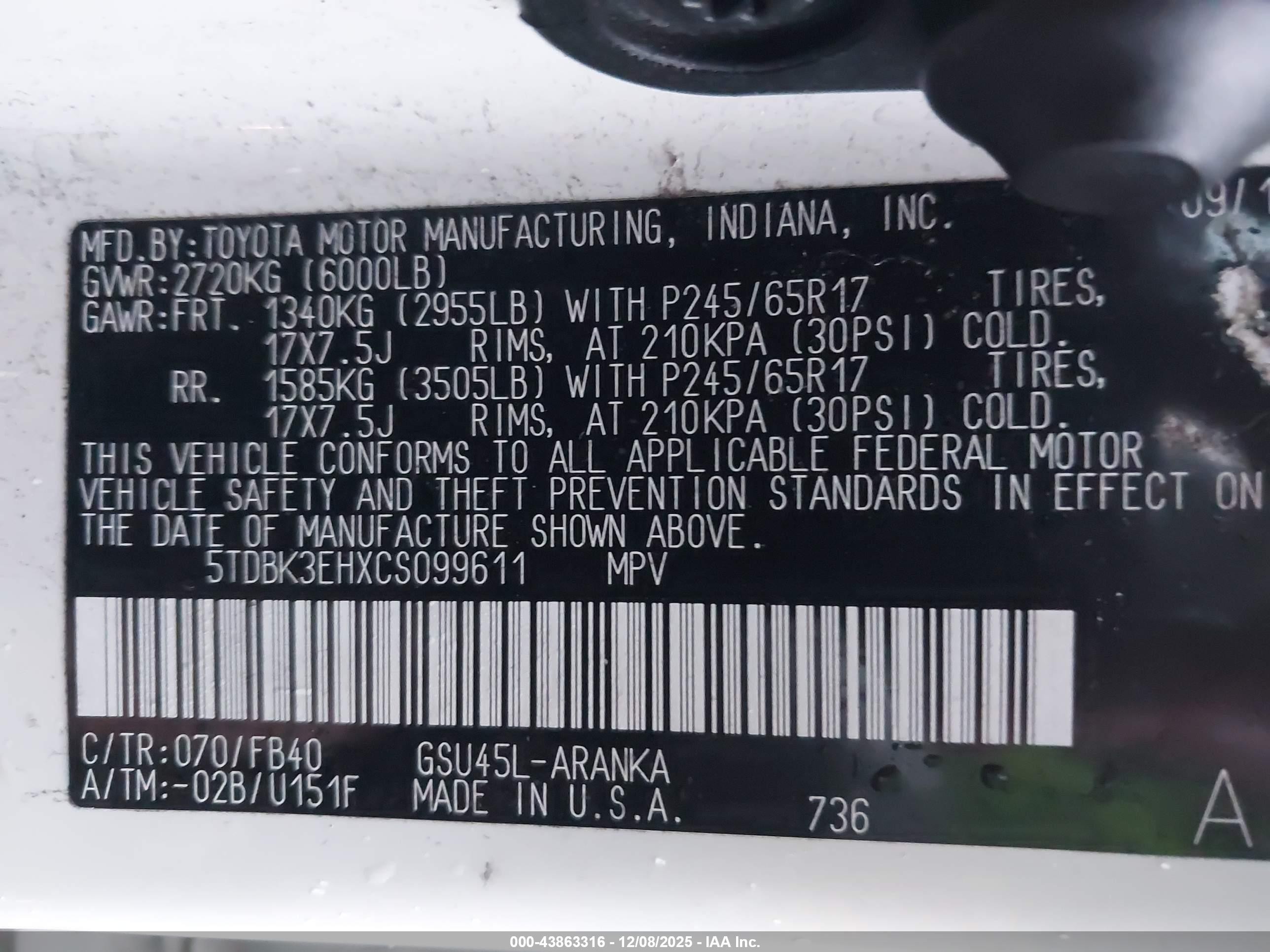 2012 Toyota Highlander Base V6 White vin: 5TDBK3EHXCS099611