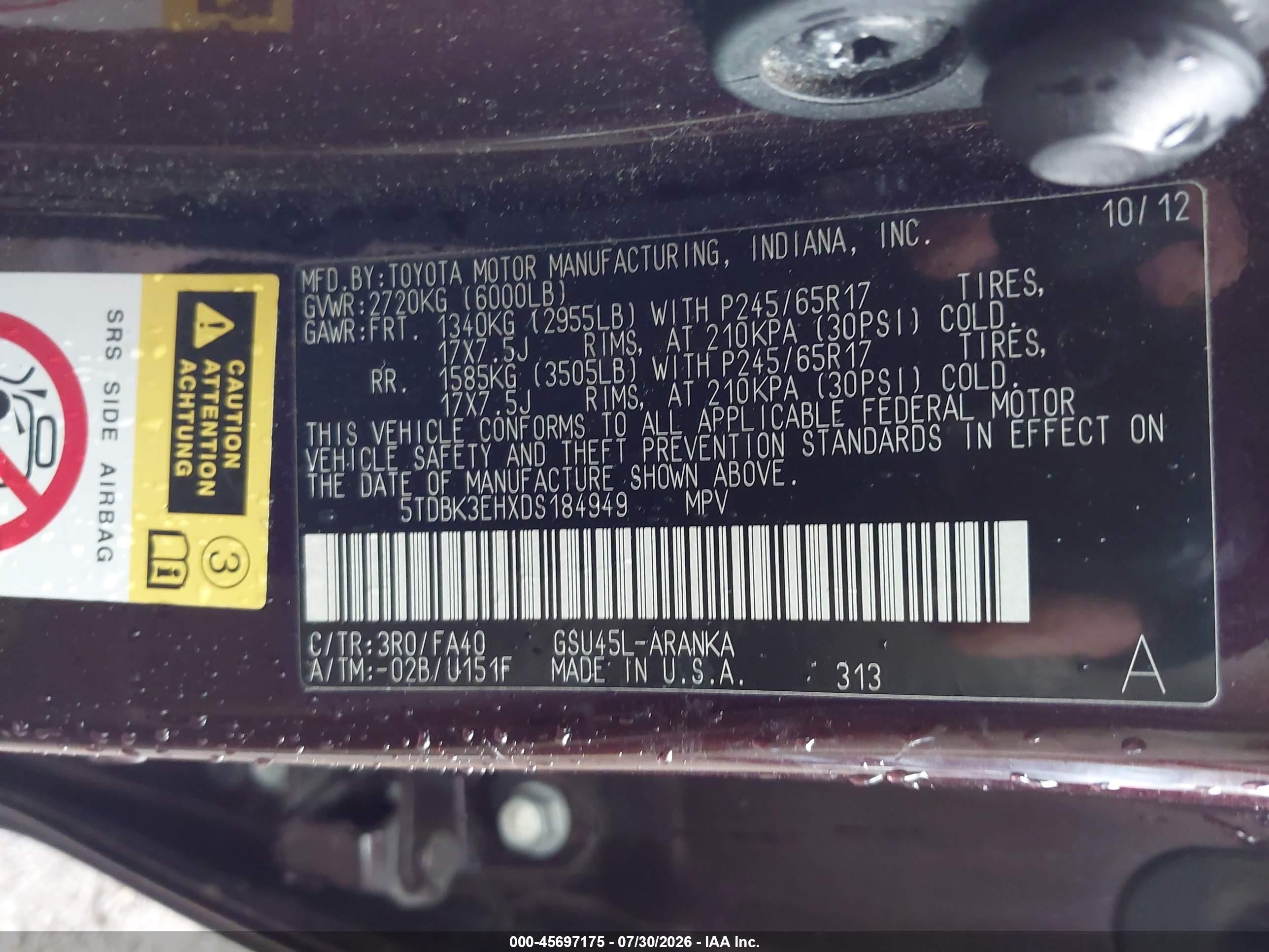 2013 Toyota Highlander Base Plus V6 Burgundy vin: 5TDBK3EHXDS184949
