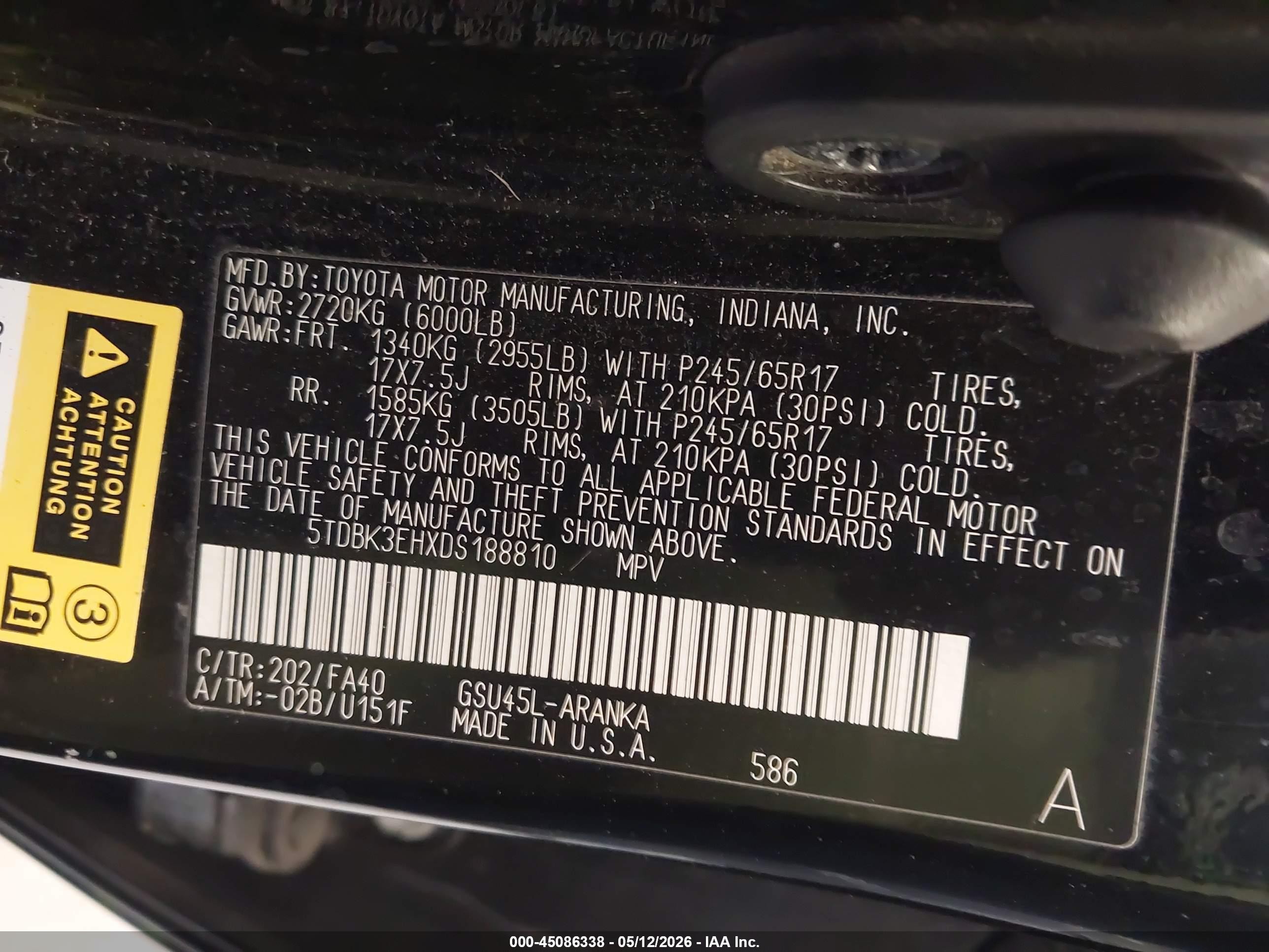 2013 Toyota Highlander Base Plus V6 Black vin: 5TDBK3EHXDS188810