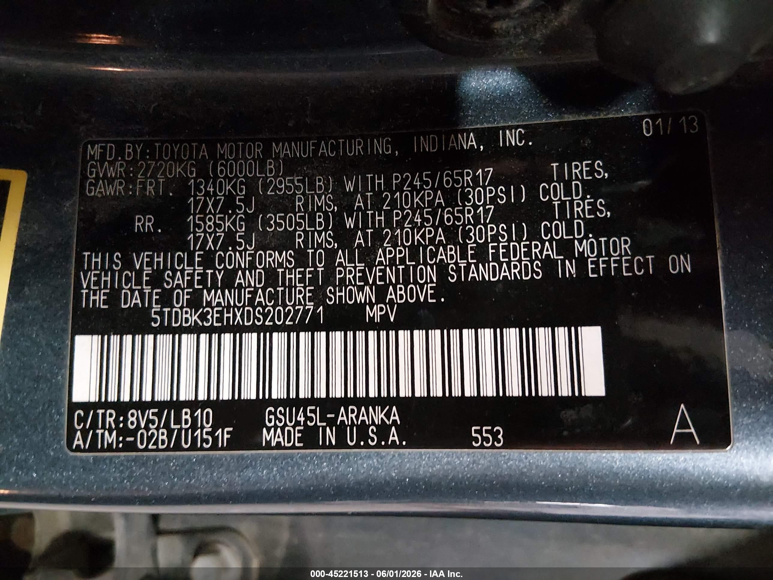 2013 Toyota Highlander Se V6 Blue vin: 5TDBK3EHXDS202771
