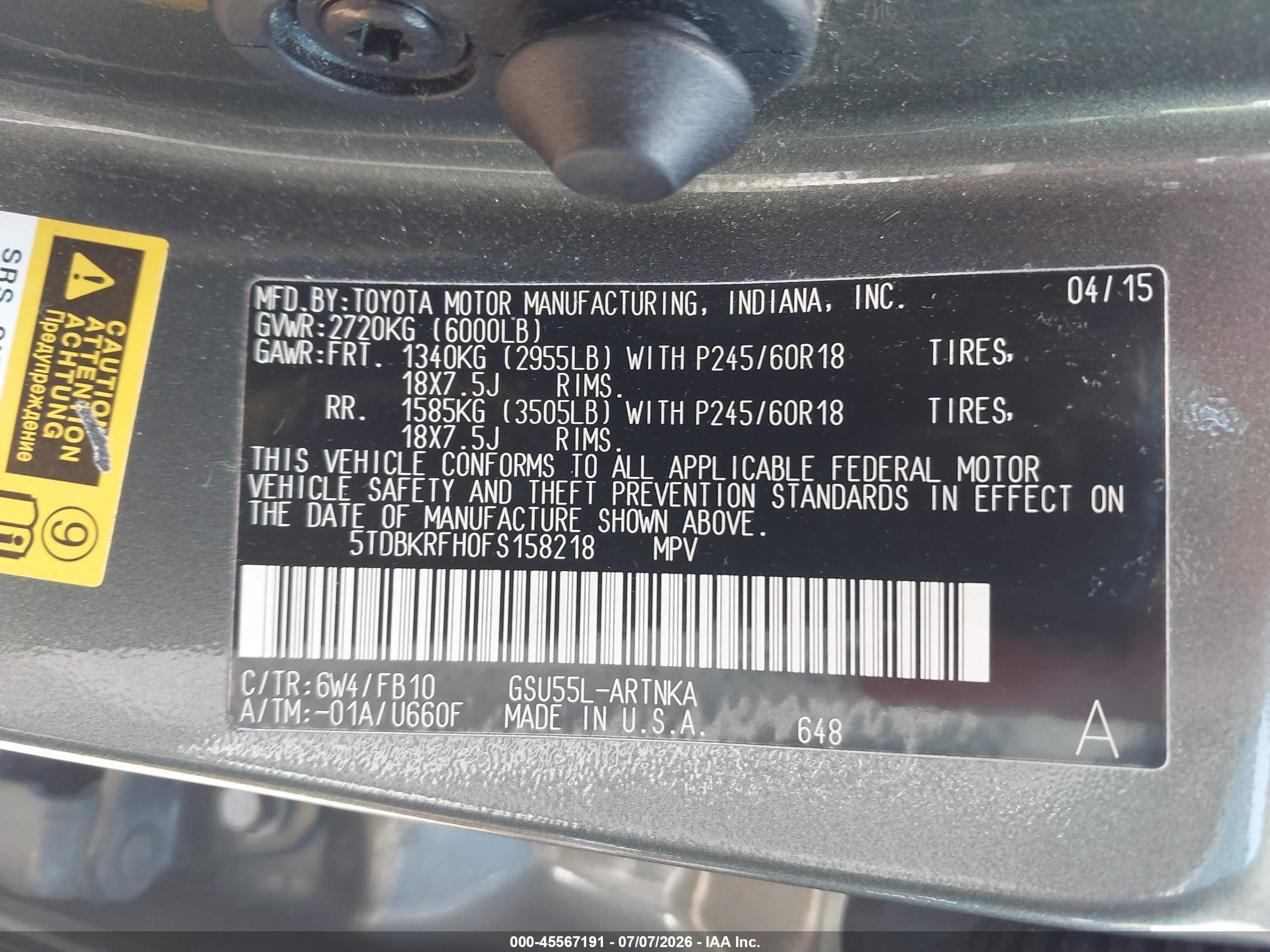 2015 Toyota Highlander Le V6 Green vin: 5TDBKRFH0FS158218