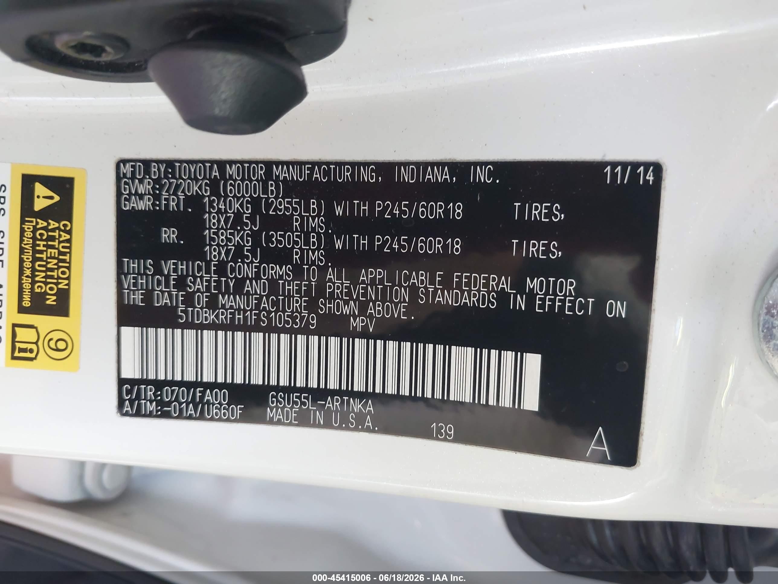 2015 Toyota Highlander Le Plus V6 Белый vin: 5TDBKRFH1FS105379