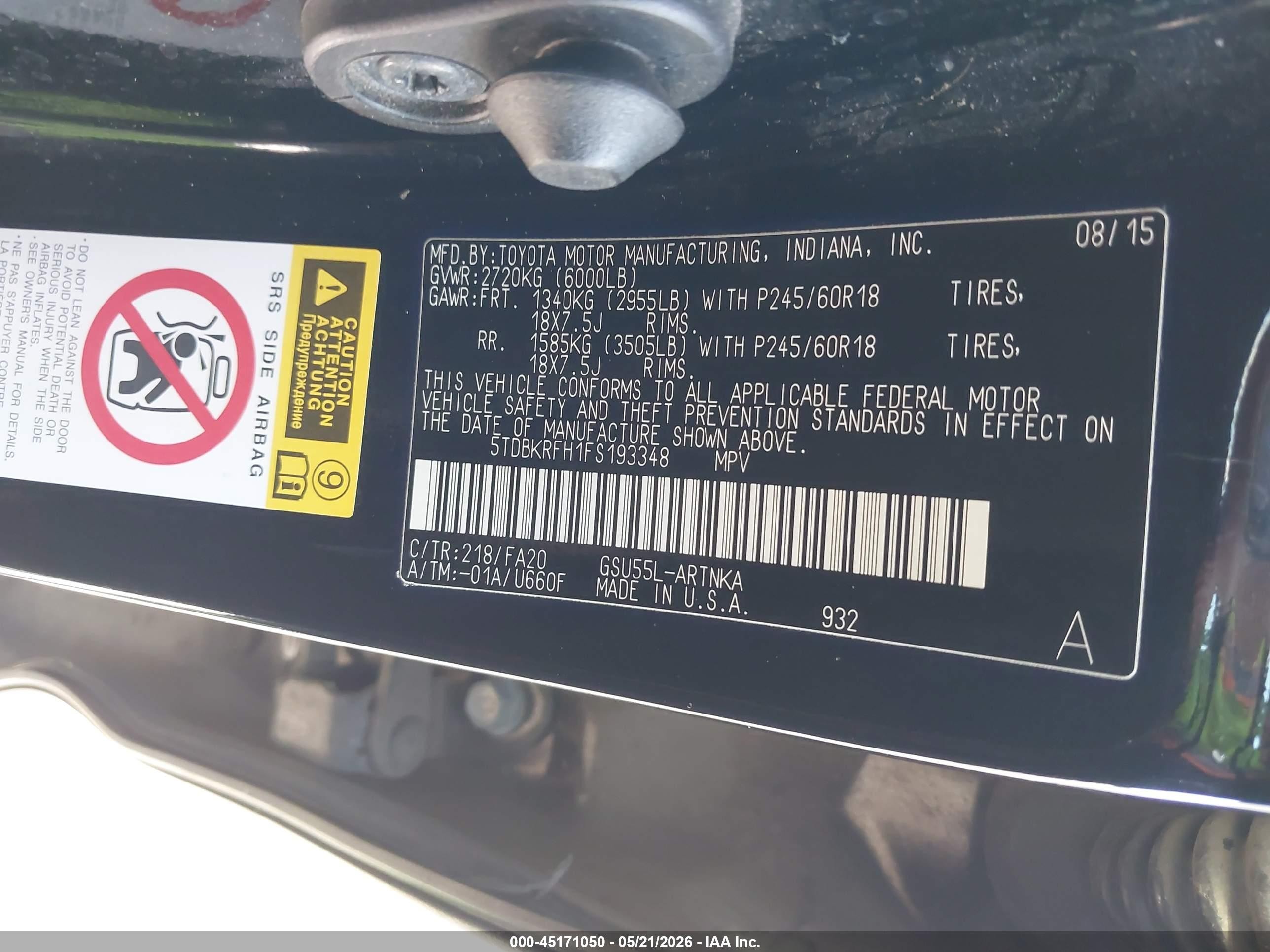 2015 Toyota Highlander Le Plus V6 Black vin: 5TDBKRFH1FS193348