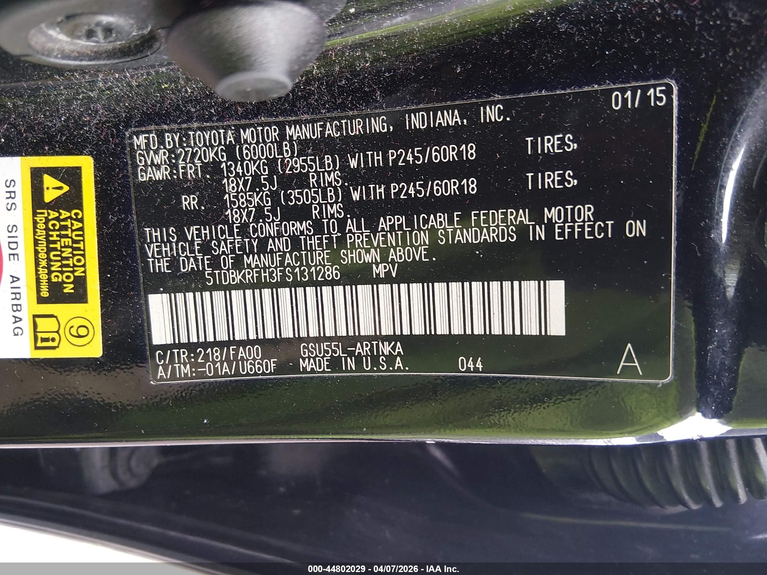 2015 Toyota Highlander Le Plus V6 Black vin: 5TDBKRFH3FS131286